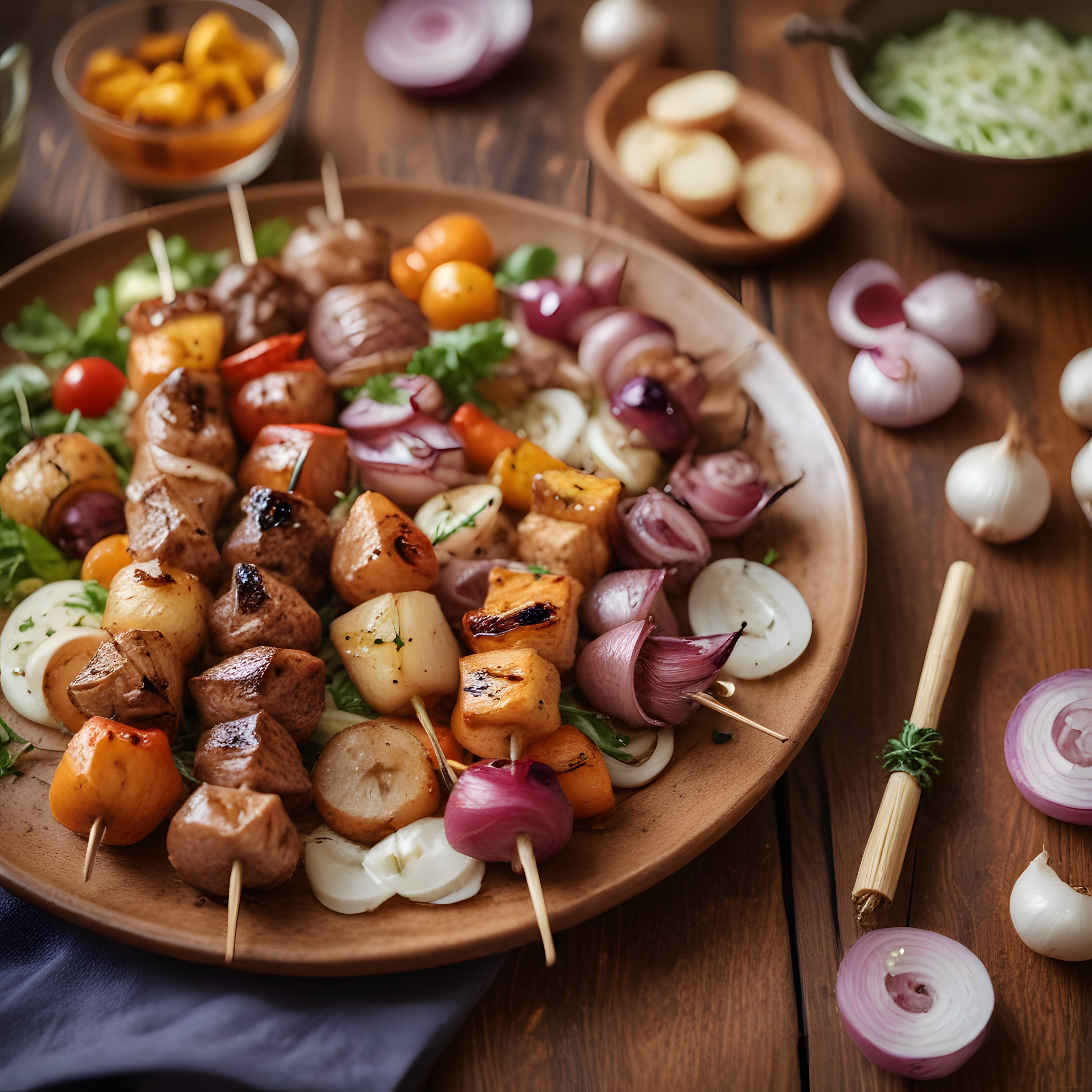 Rustik Ahşap Tepsi Üzerinde Renkli Şiş Kebap ve Izgara Sebzeler Sunumu