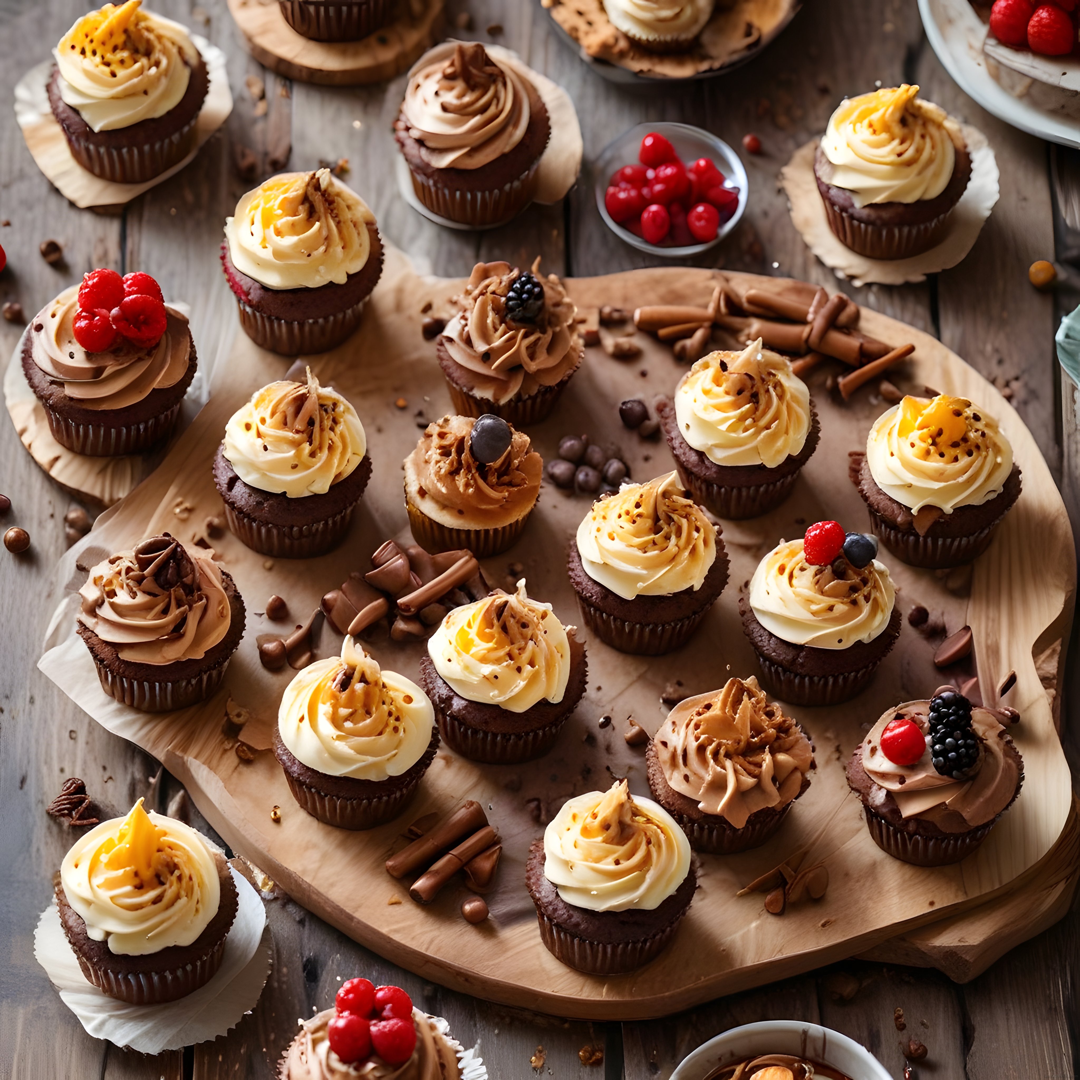 Rustik Ahşap Tepsi Üzerinde Süslemeli Cupcake ve Tatlı Sunumu