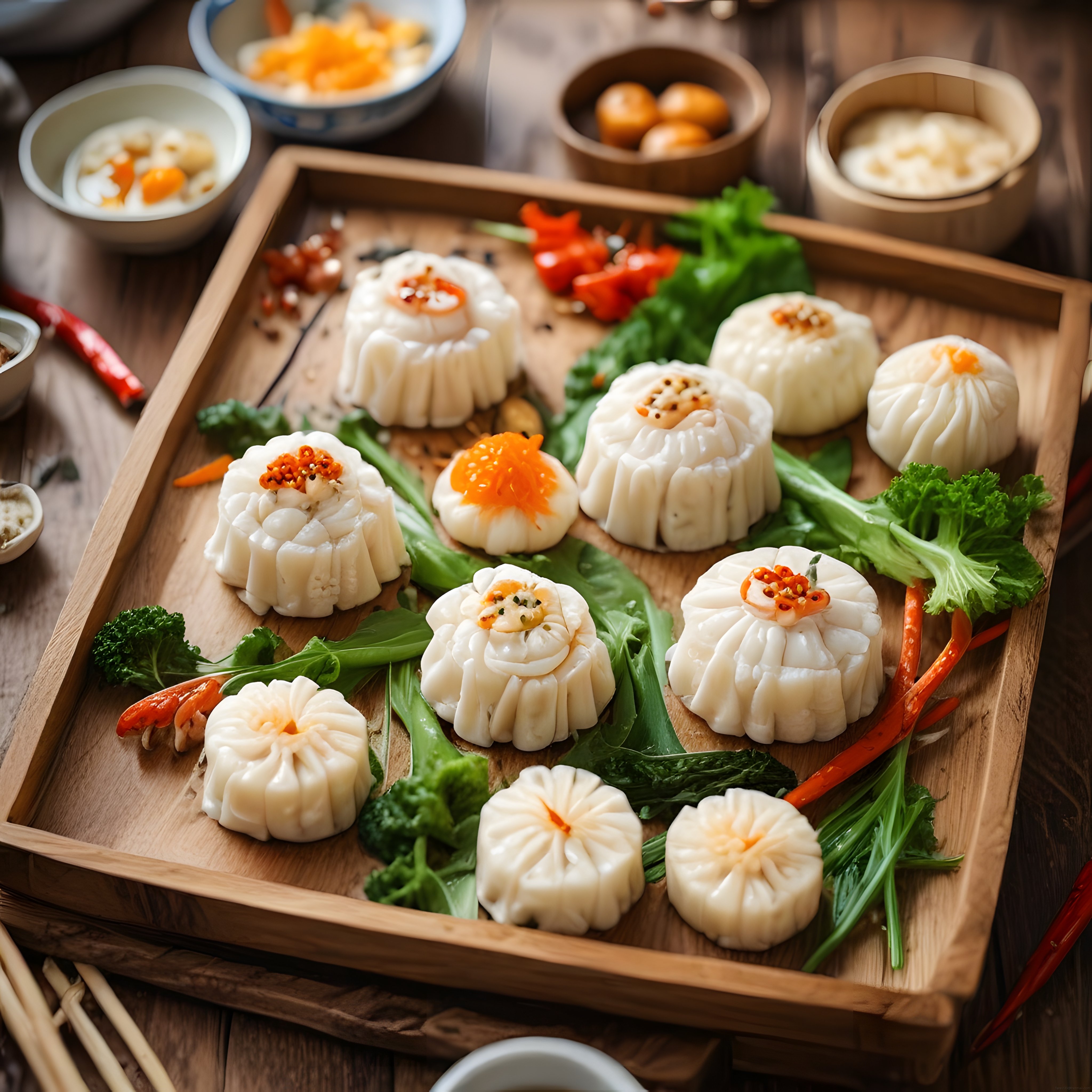 Rustik Ahşap Tepside Çiçek Şeklinde Asya Mantısı ve Soslarla Dim Sum Sunumu