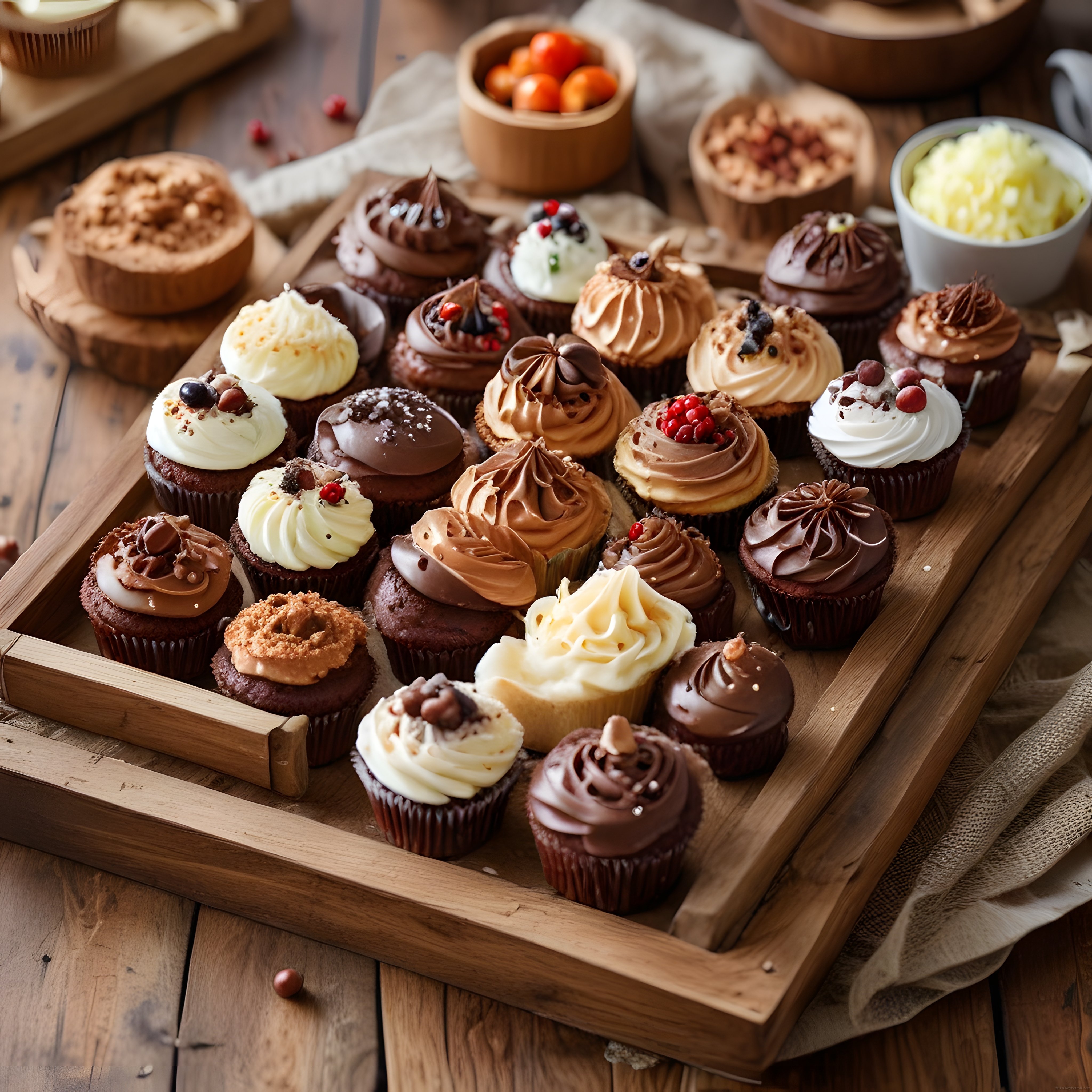 Rustik Ahşap Tepside Çikolatalı ve Krema Süslü Cupcake Çeşitleri Sunumu