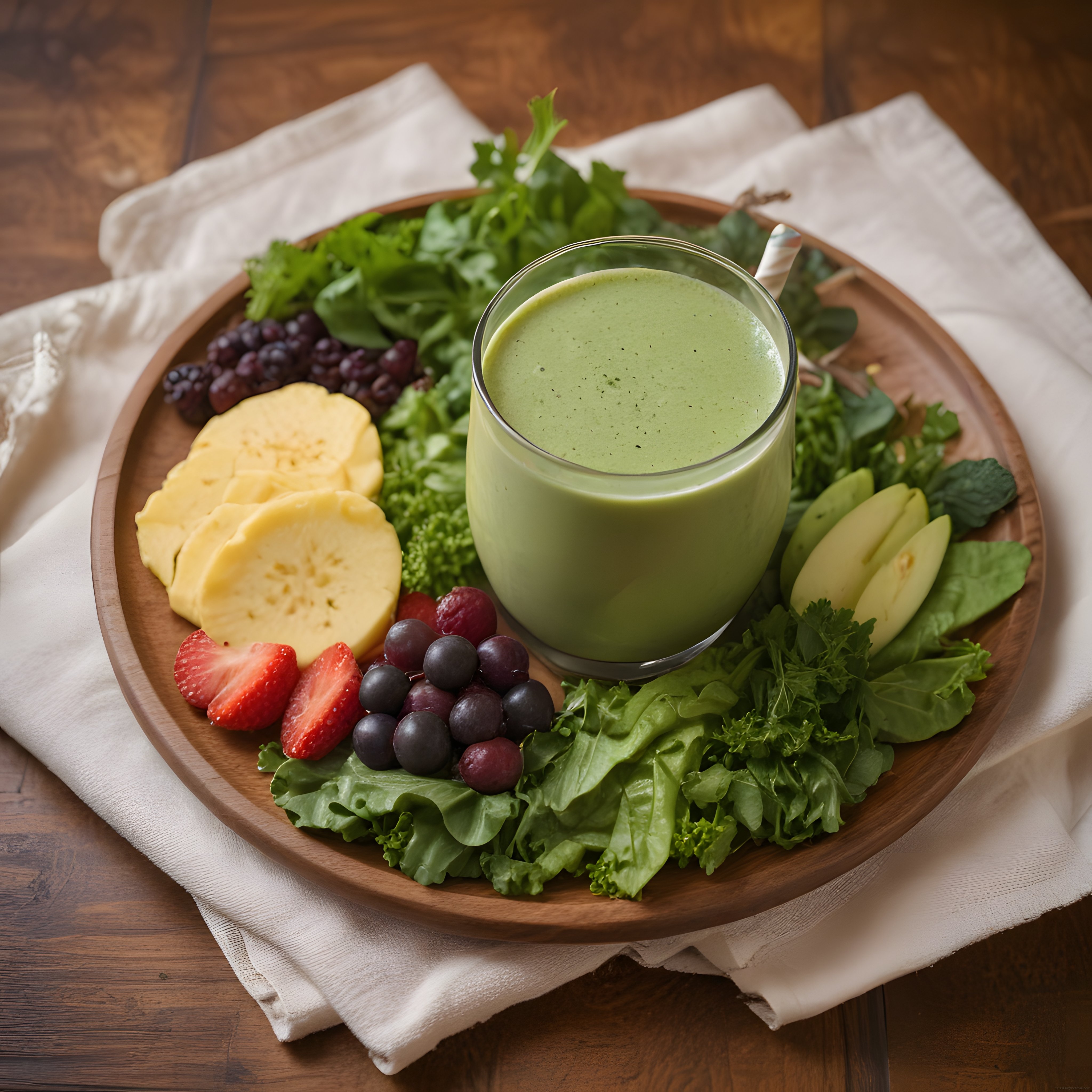 Rustik Ahşap Tepside Renkli Meyveler ve Yeşil Smoothie Kahvaltısı