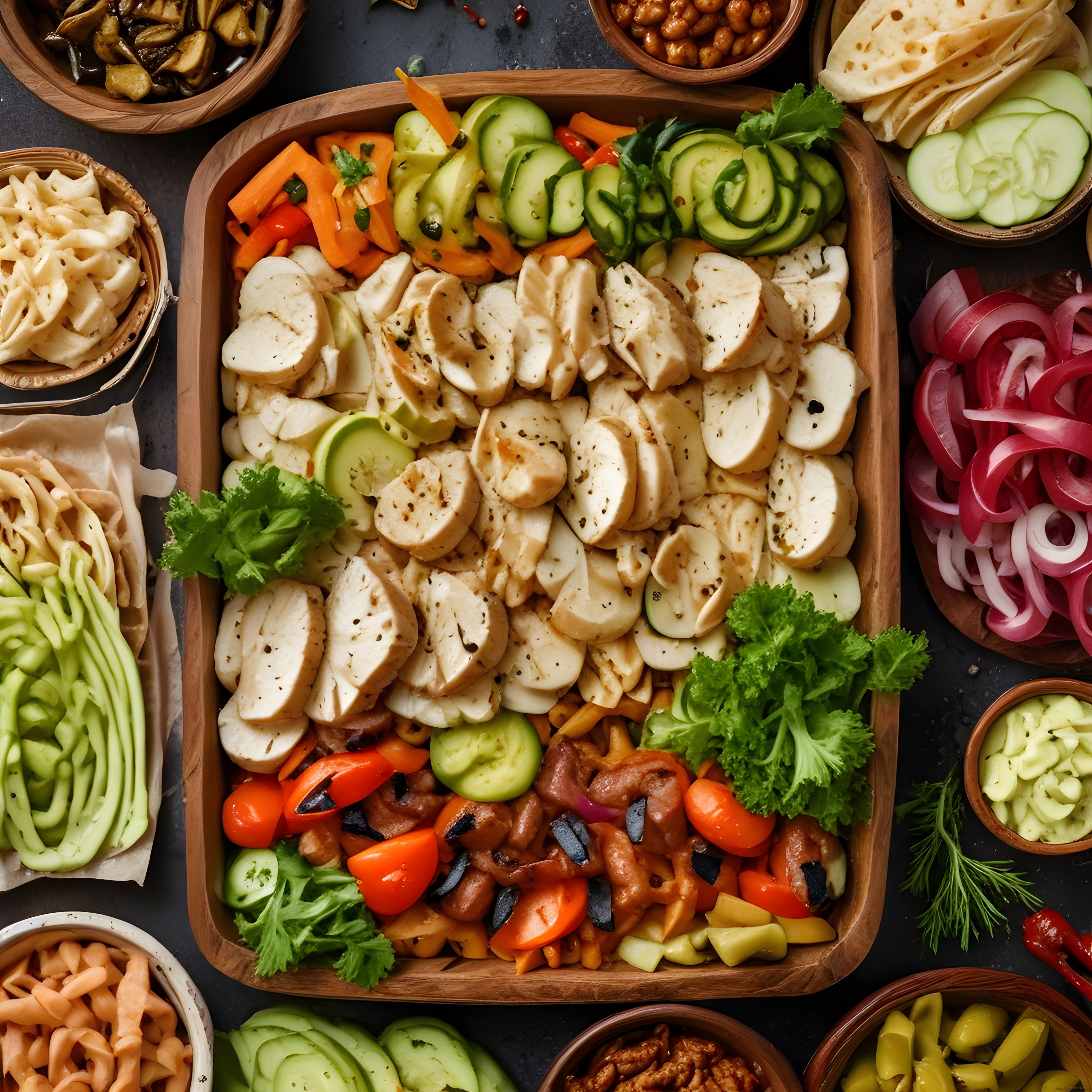 Rustik Ahşap Tepside Taze Sebzeli Izgara Tavuklu Protein Salata Sunumu