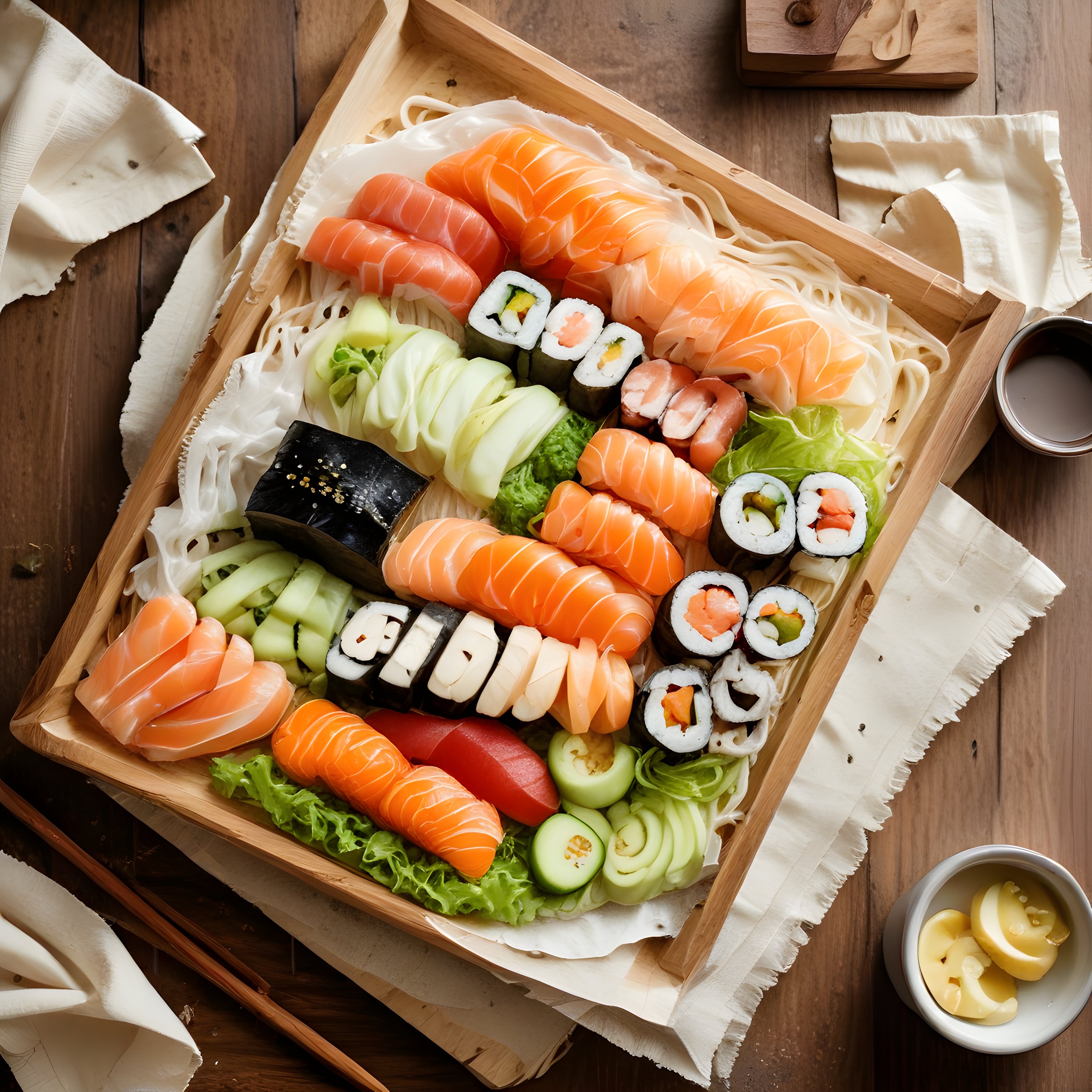 Rustik Ahşap Tepside Taze Somonlu ve Avokadolu Sushi Çeşitleri