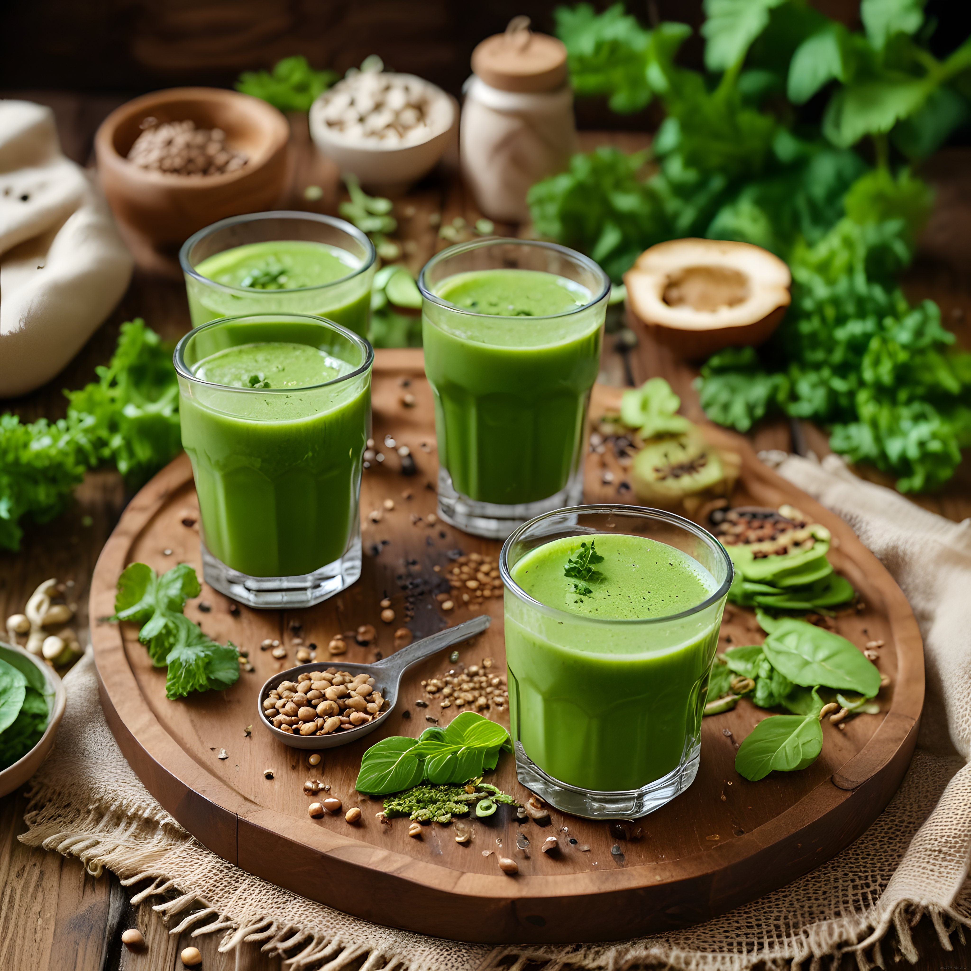 Rustik Ahşap Tepside Taze Yeşil Smoothie ve Sağlıklı Mutfak Malzemeleri