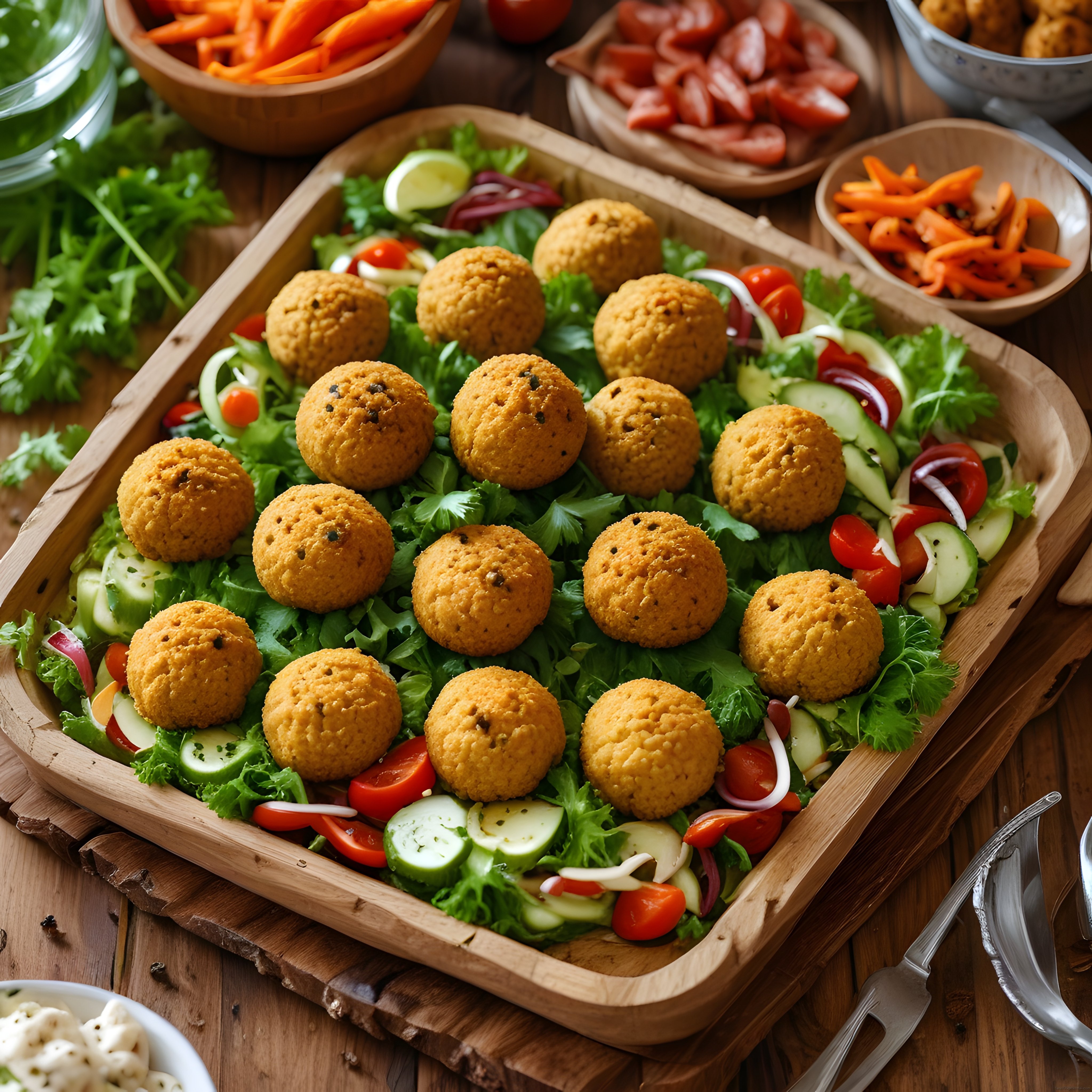 Rustik ahşap tepside taze yeşilliklerle falafel topları ve meze sunumu