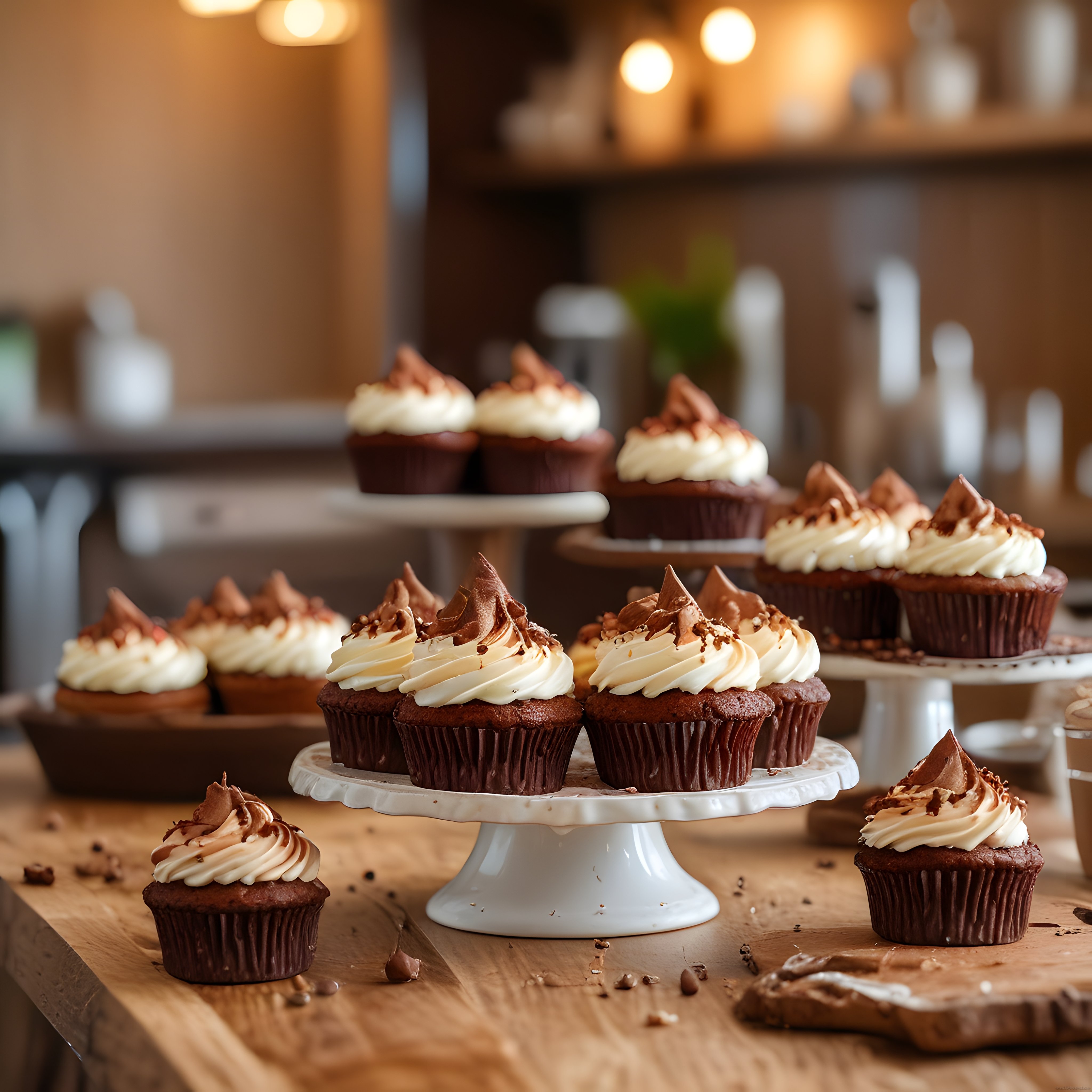 rustik ahşap tezgahta çift renkli kremalı çikolata cupcake sunumu