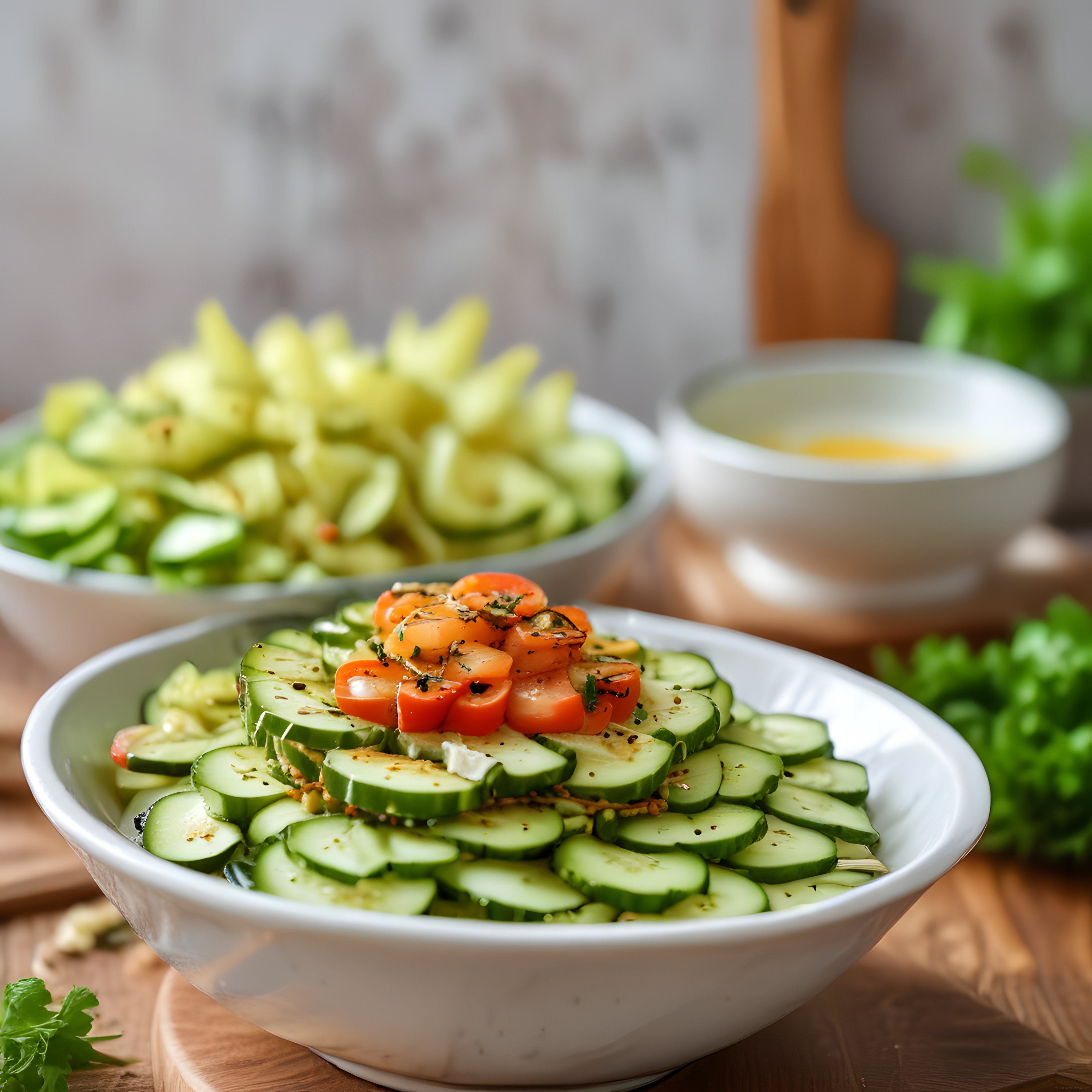 Rustik Ahşap Tezgahta Salatalık ve Domatesli Sağlıklı Salata Sunumu