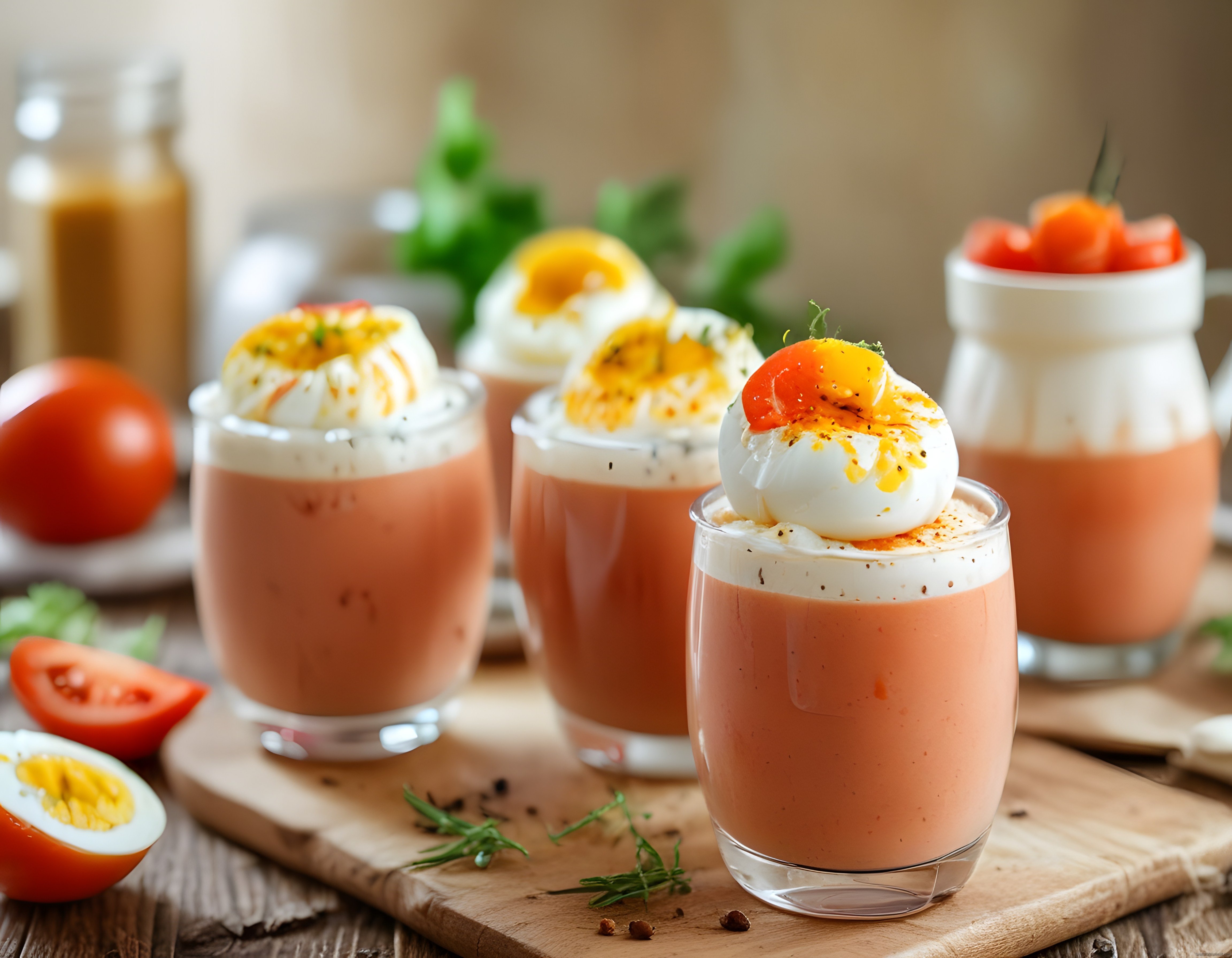 Rustik Ahşap Üzerinde Bardakta Domates Çorbası ve Yumurtalı Kahvaltı
