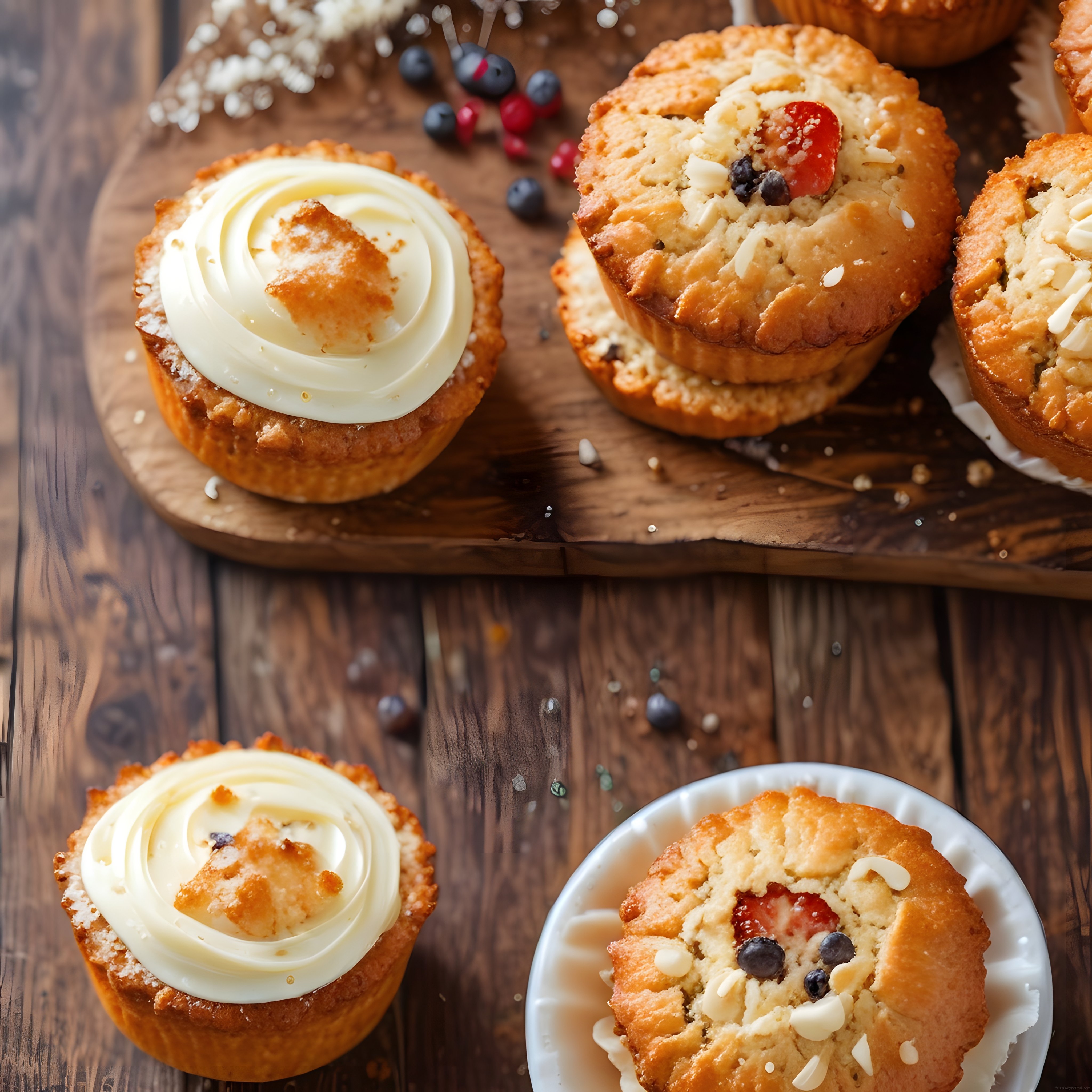 Rustik Ahşap Üzerinde Böğürtlenli Muffin ve Kremalı Çörekler Rustik Ahşap Üzerinde Böğürtlenli Muffin ve Kremalı Çörekler