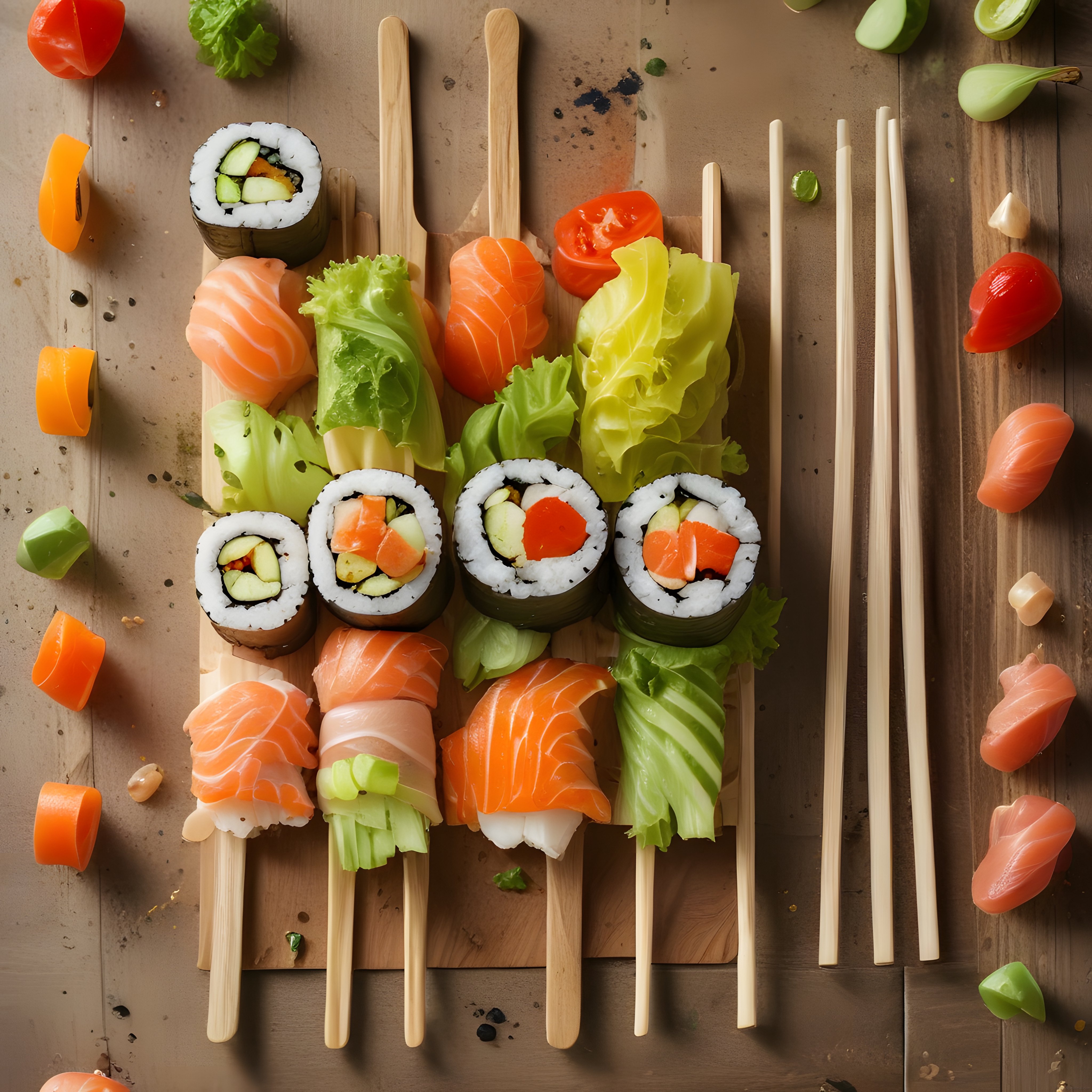 Rustik Ahşap Üzerinde Taze Somonlu Nigiri ve Maki Sushi Çeşitleri