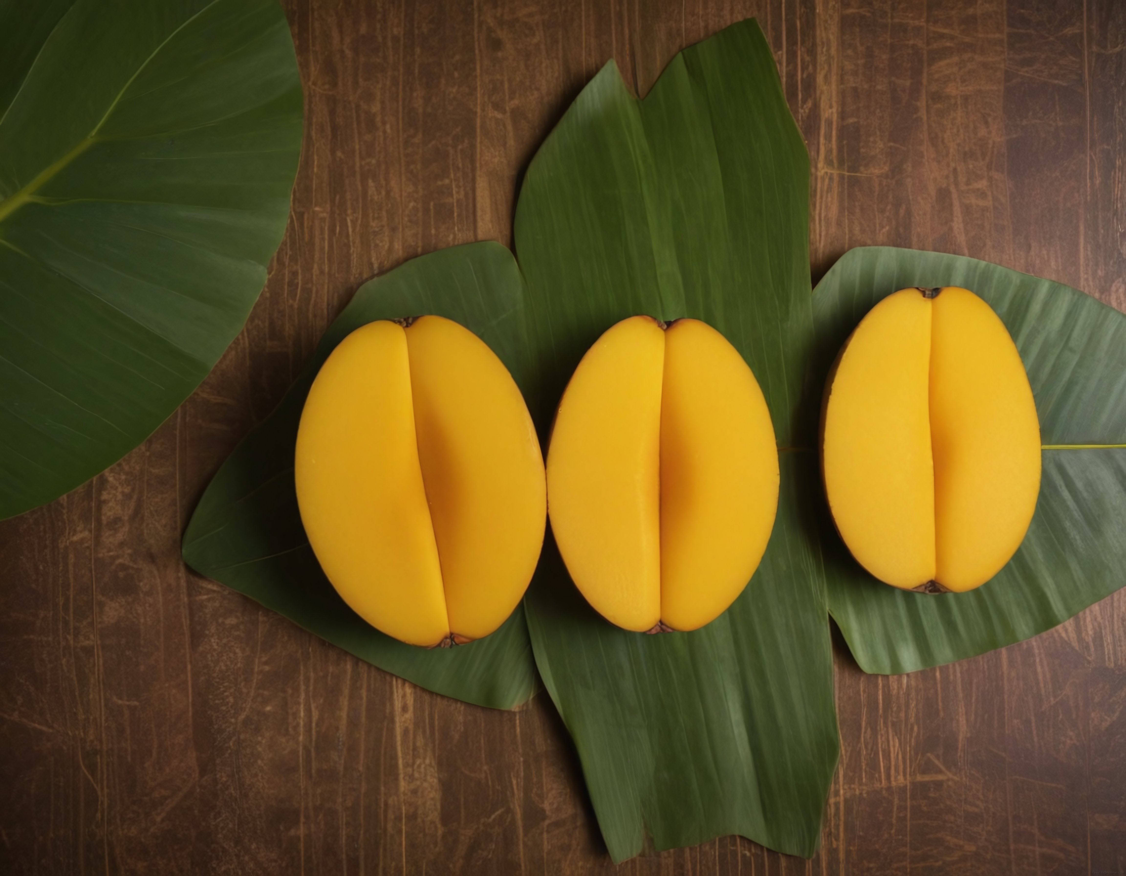 rustik ahşap üzerinde yeşil yapraklarla süslenmiş üçlü sarı mango sunumu