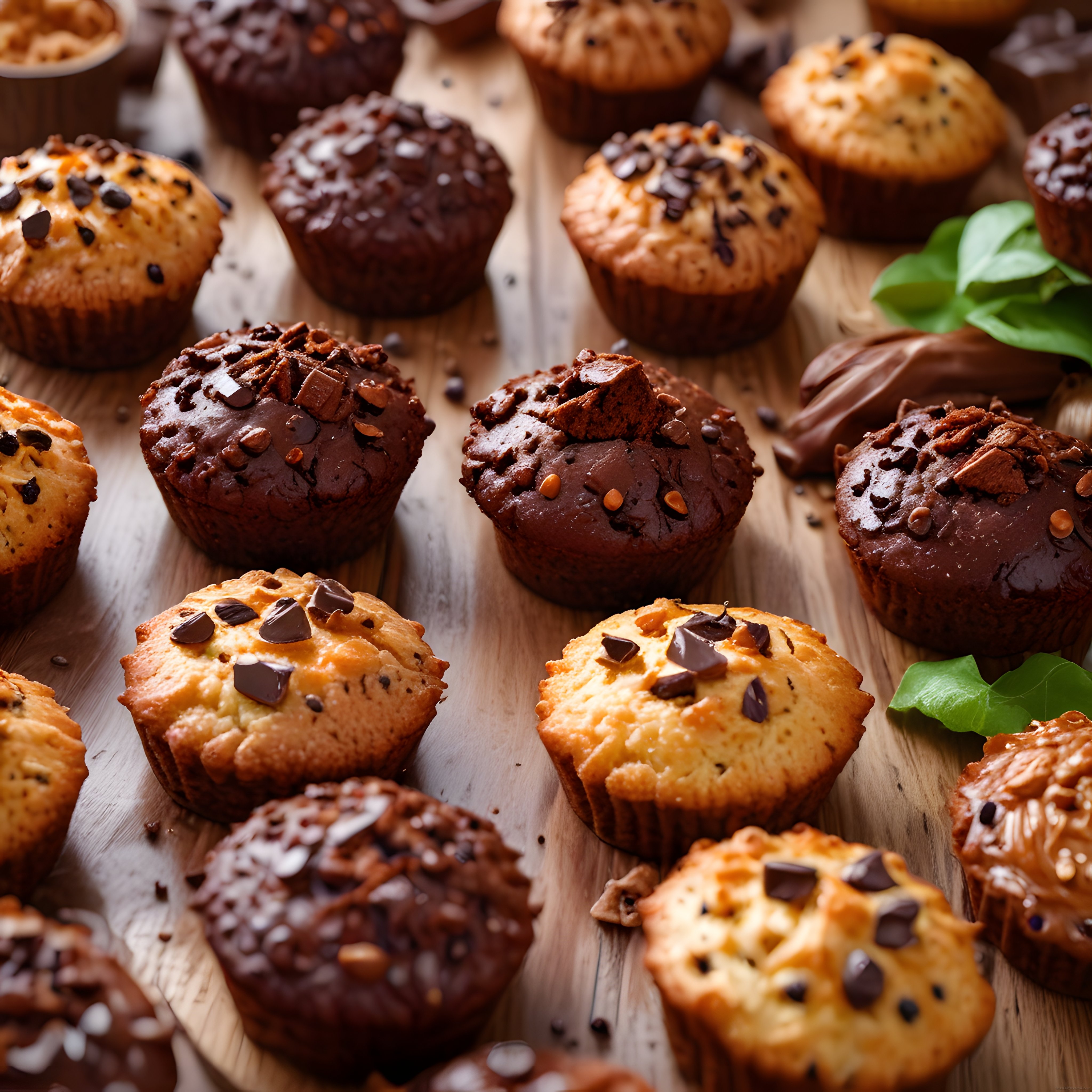 Rustik Ahşap Zemin Üzerinde Çikolata Parçacıklı Ev Yapımı Muffin Koleksiyonu