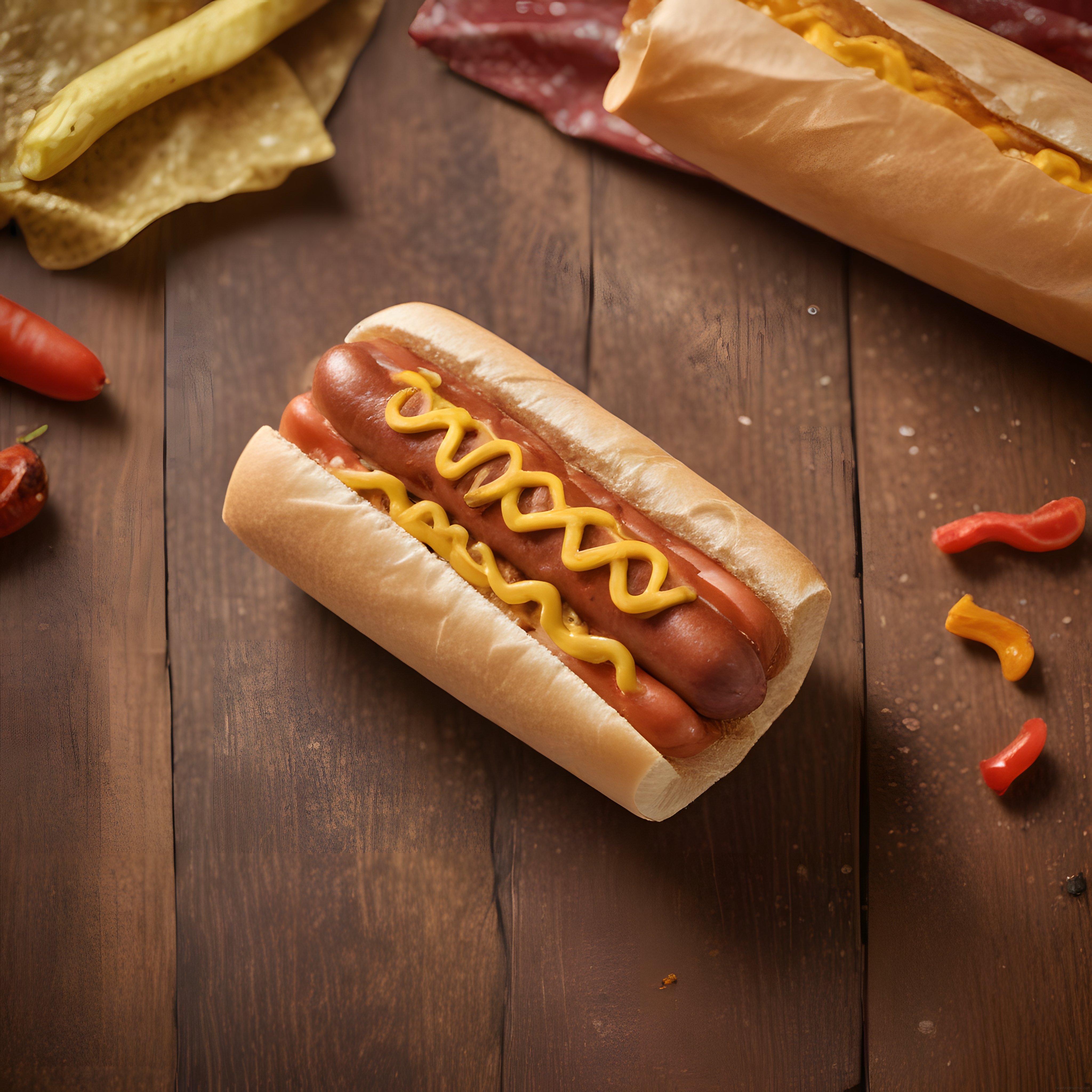 rustik ahşap zemin üzerinde hardallı ve ketçaplı klasik hot dog servisi