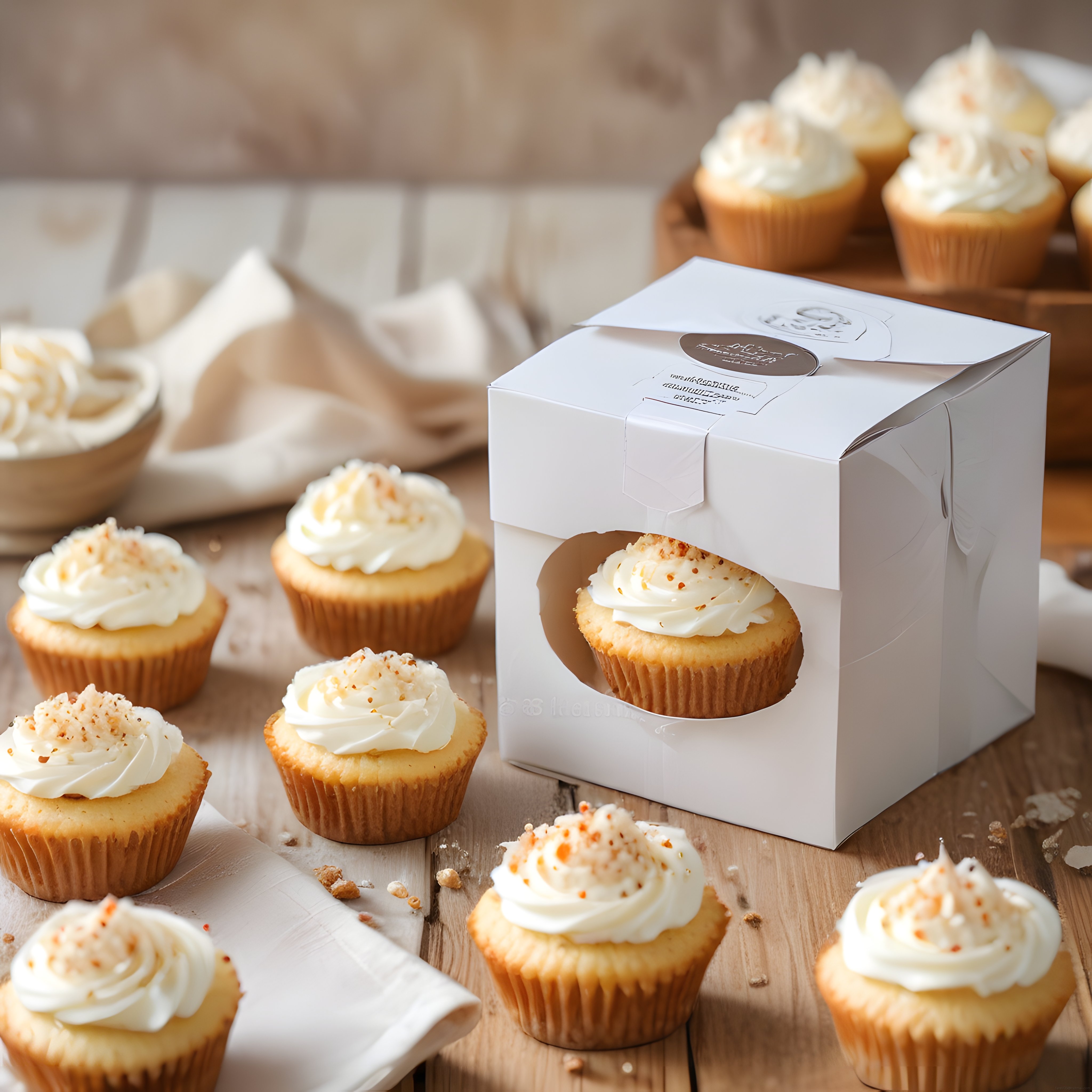 Rustik Ahşap Zeminde Beyaz Kremalı ve Renkli Süslü Cupcake Düzenlemesi