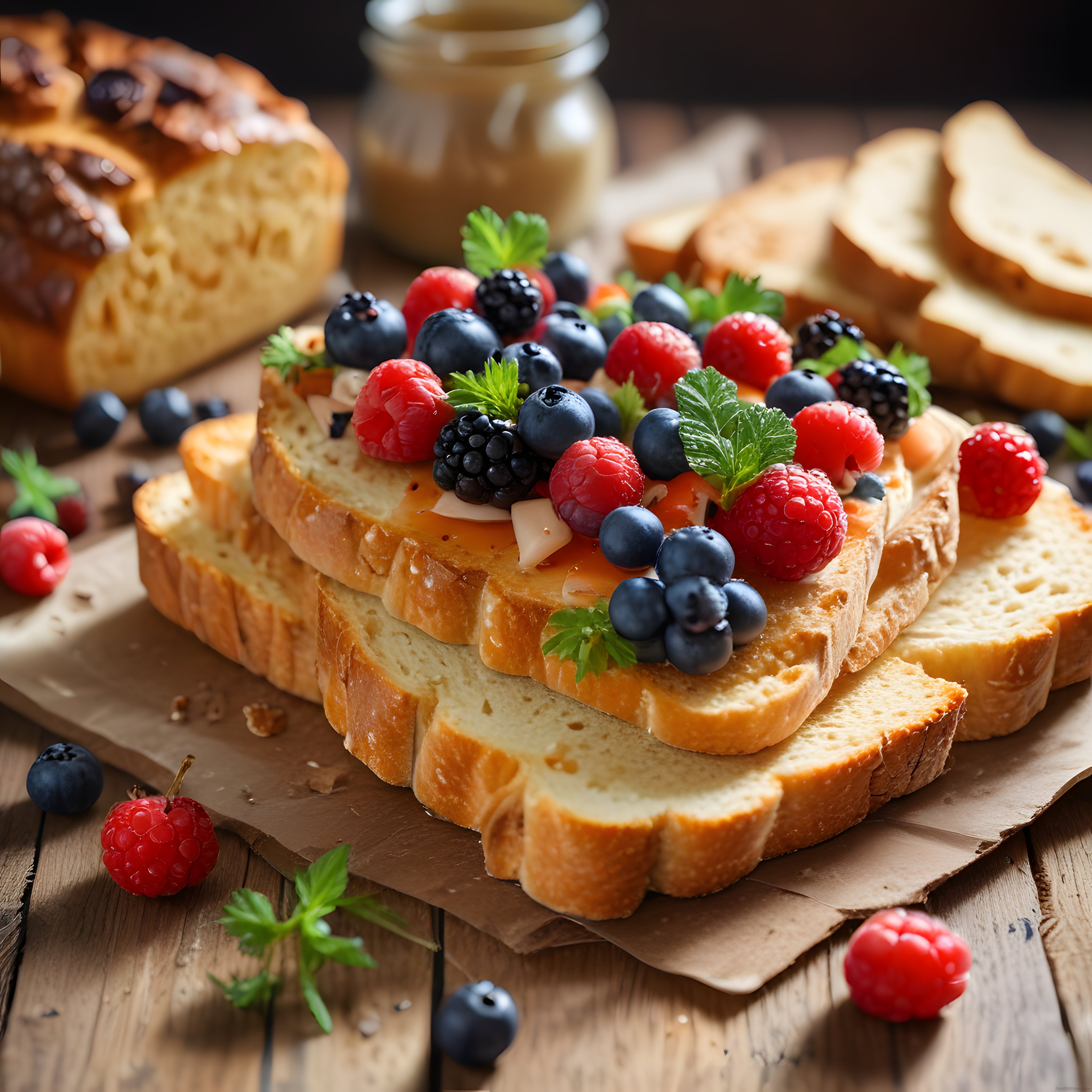 Rustik Ahşap Zeminde Taze Yaban Mersinli Ahududulu Tost Sunumu