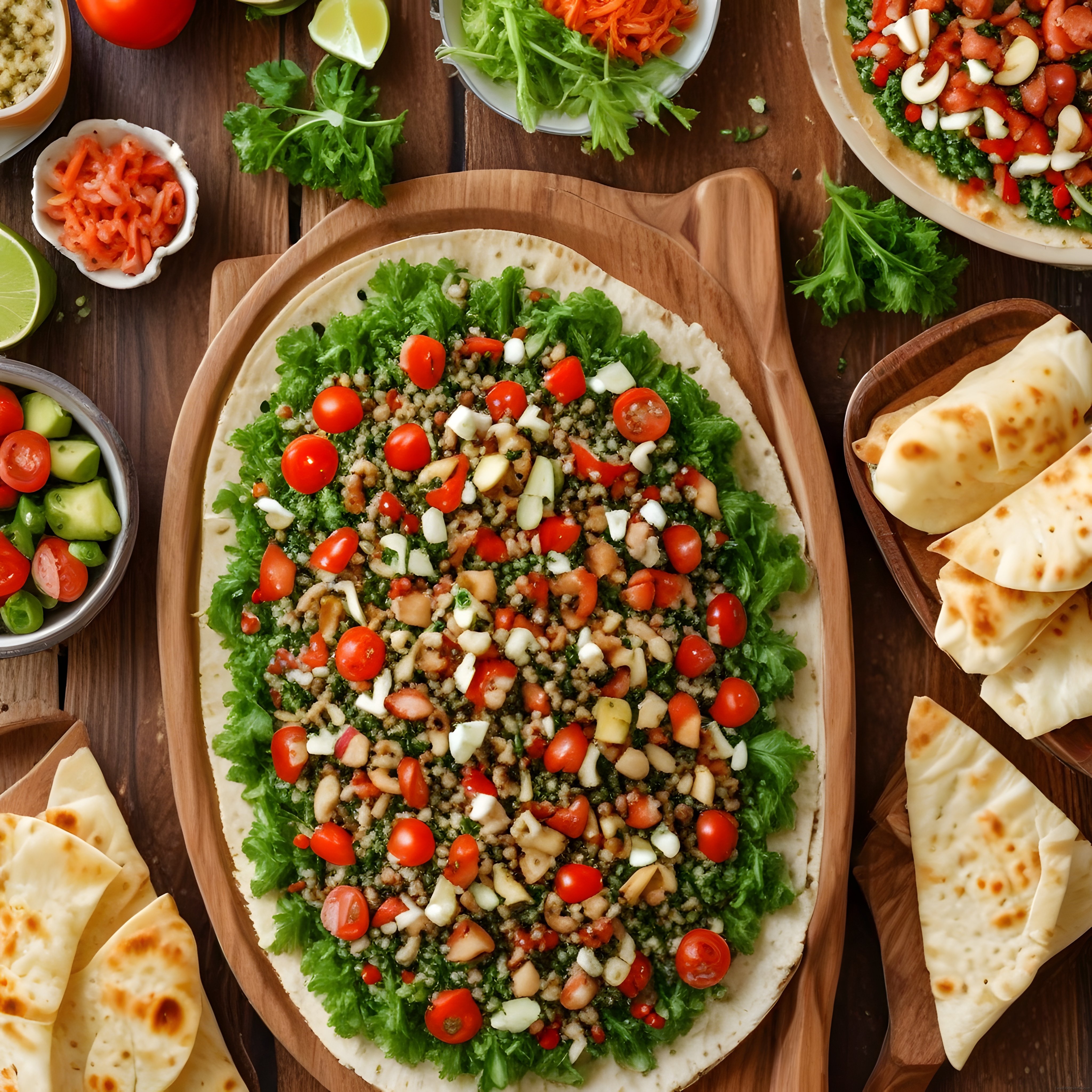 rustik ahşapta domates ceviz ve yeşillikli lavaş tabağı yanında pide dilimleri