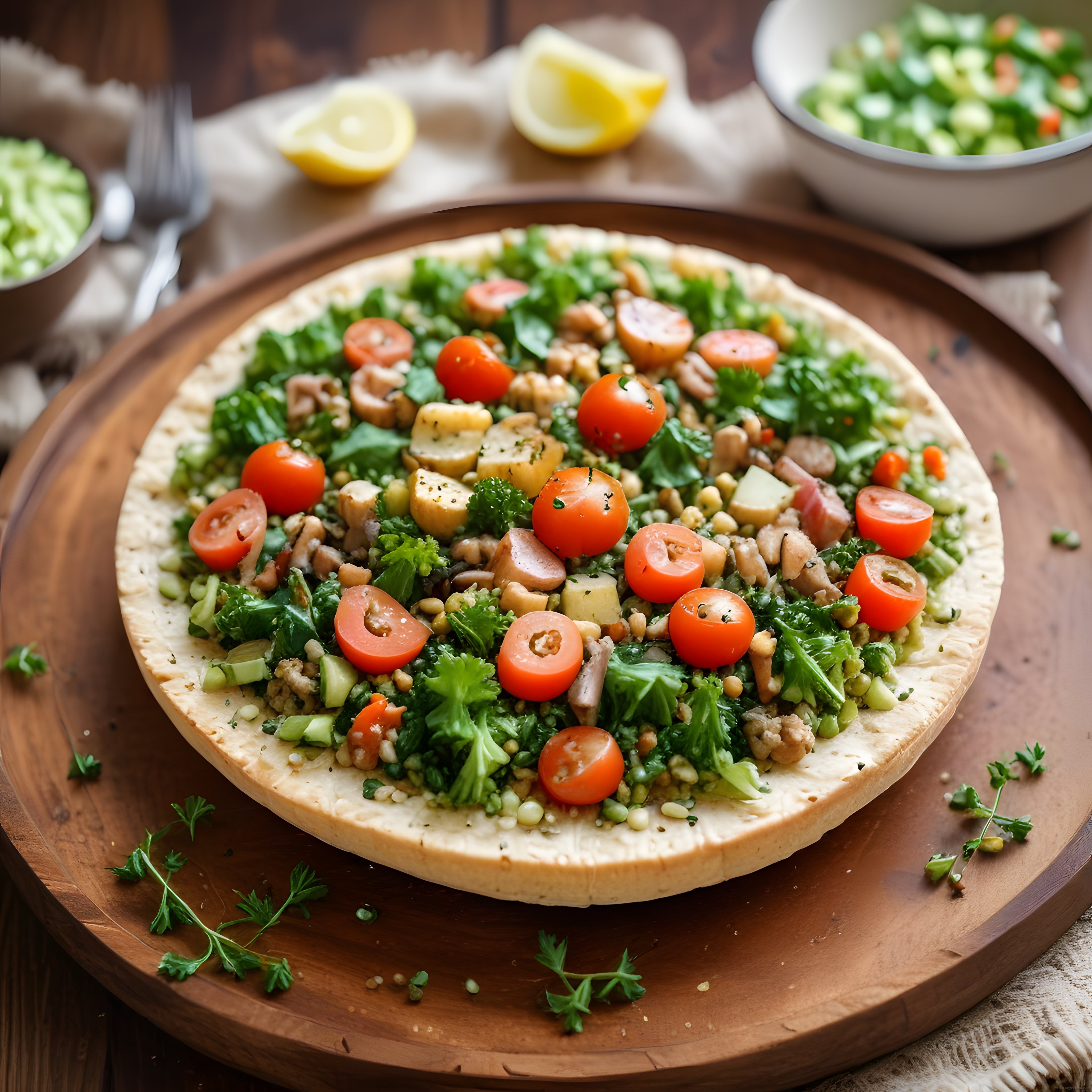 Rustik Ahşapta Ev Yapımı İnce Hamur Sebzeli Pizza ve Salata Sunumu