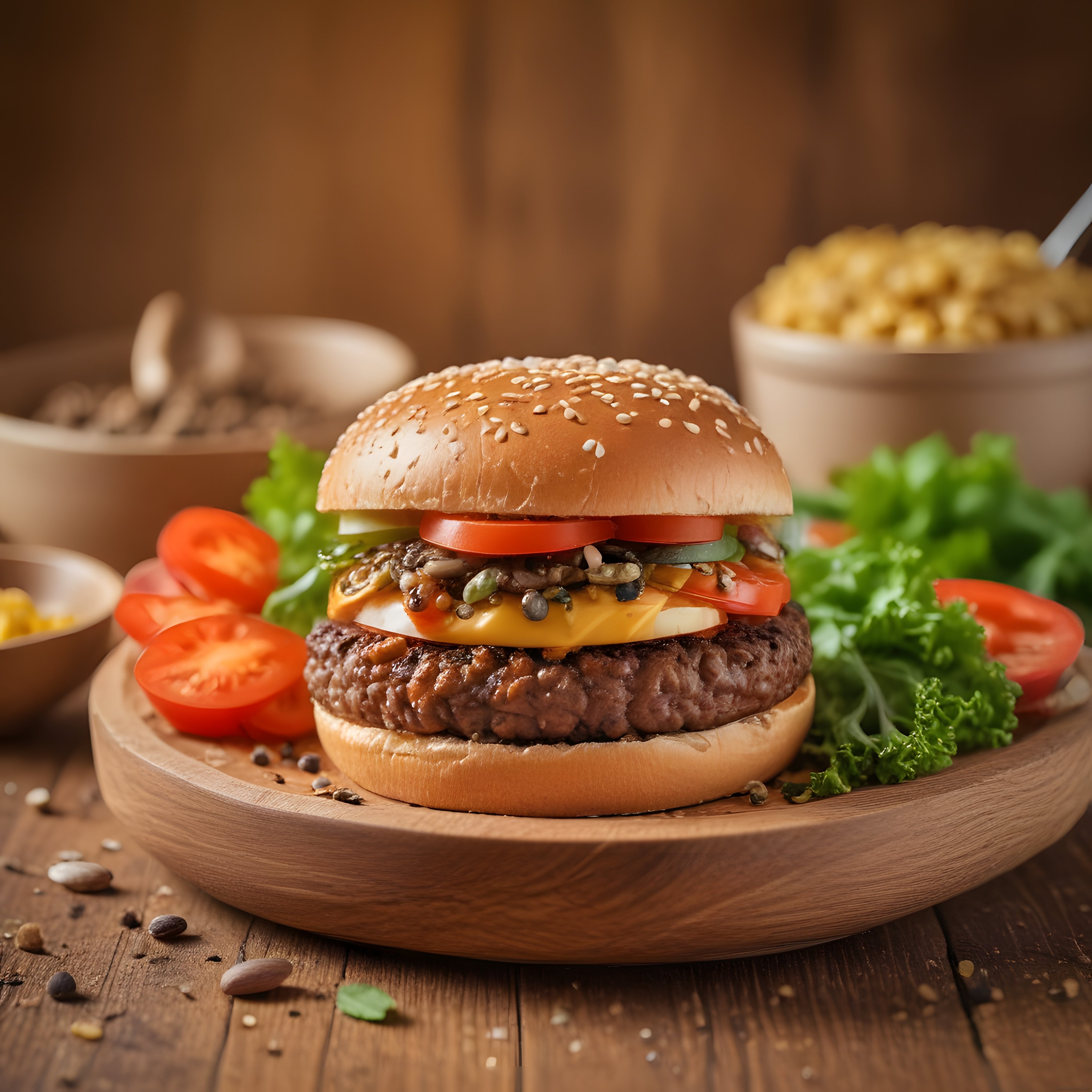 Rustik Ahşapta Sulu Izgara Hamburger ve Patates Kızartması Sunumu