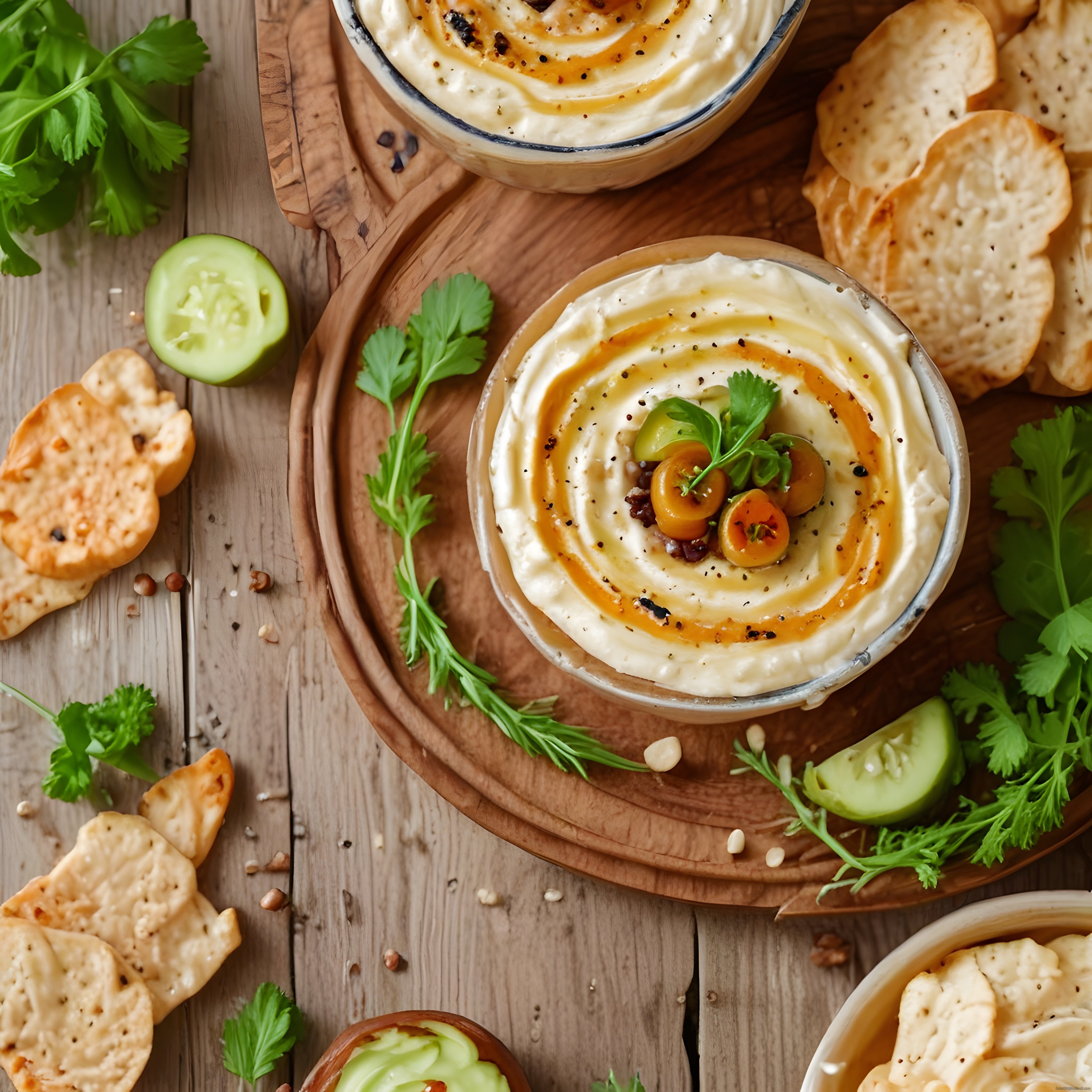 Rustik Ahşapta Zeytinli Humus, Kızarmış Ekmek ve Salatalık ile Şık Meze Sunumu