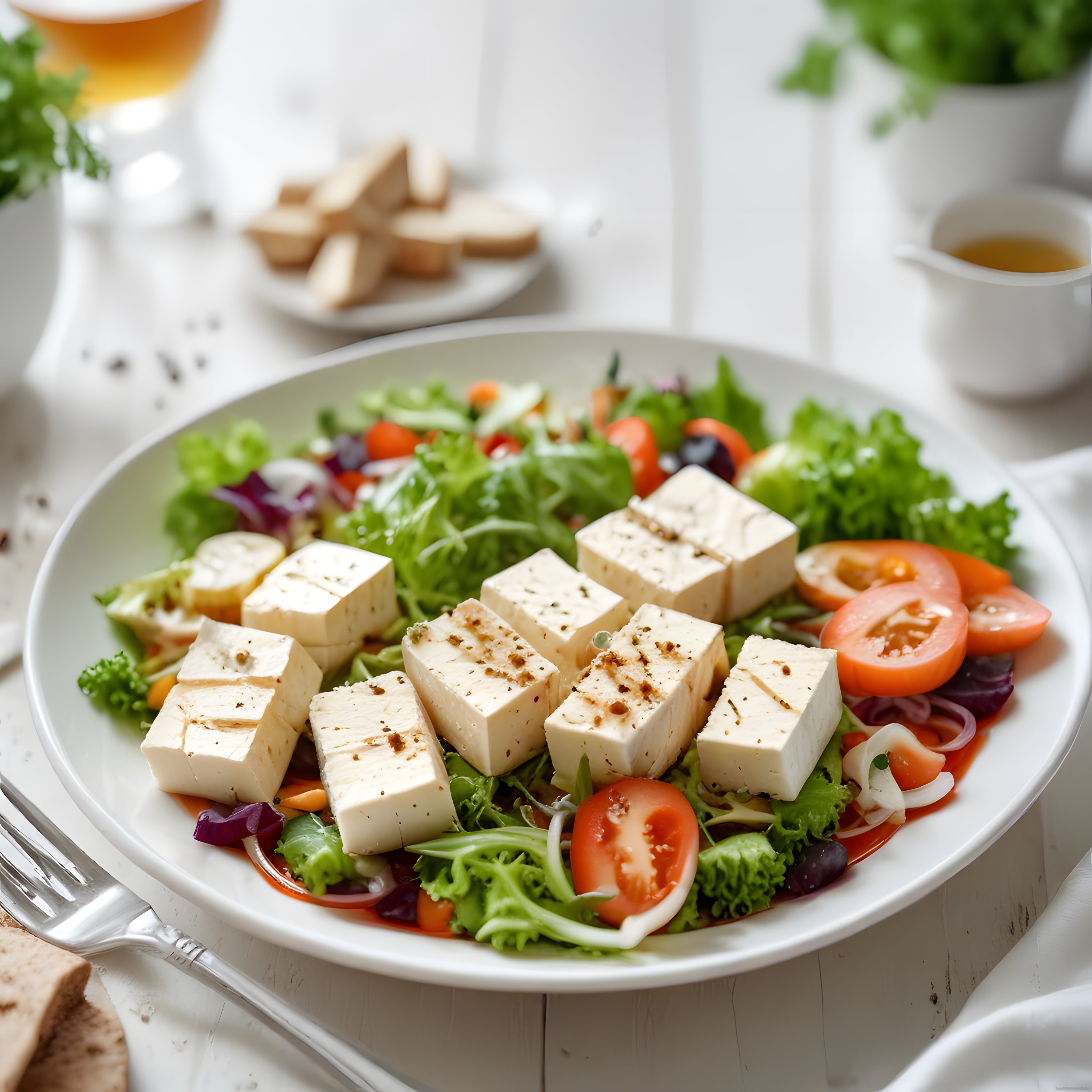 Rustik Beyaz Ahşap Masada Taze Peynirli ve Domatesli Salata Sunumu