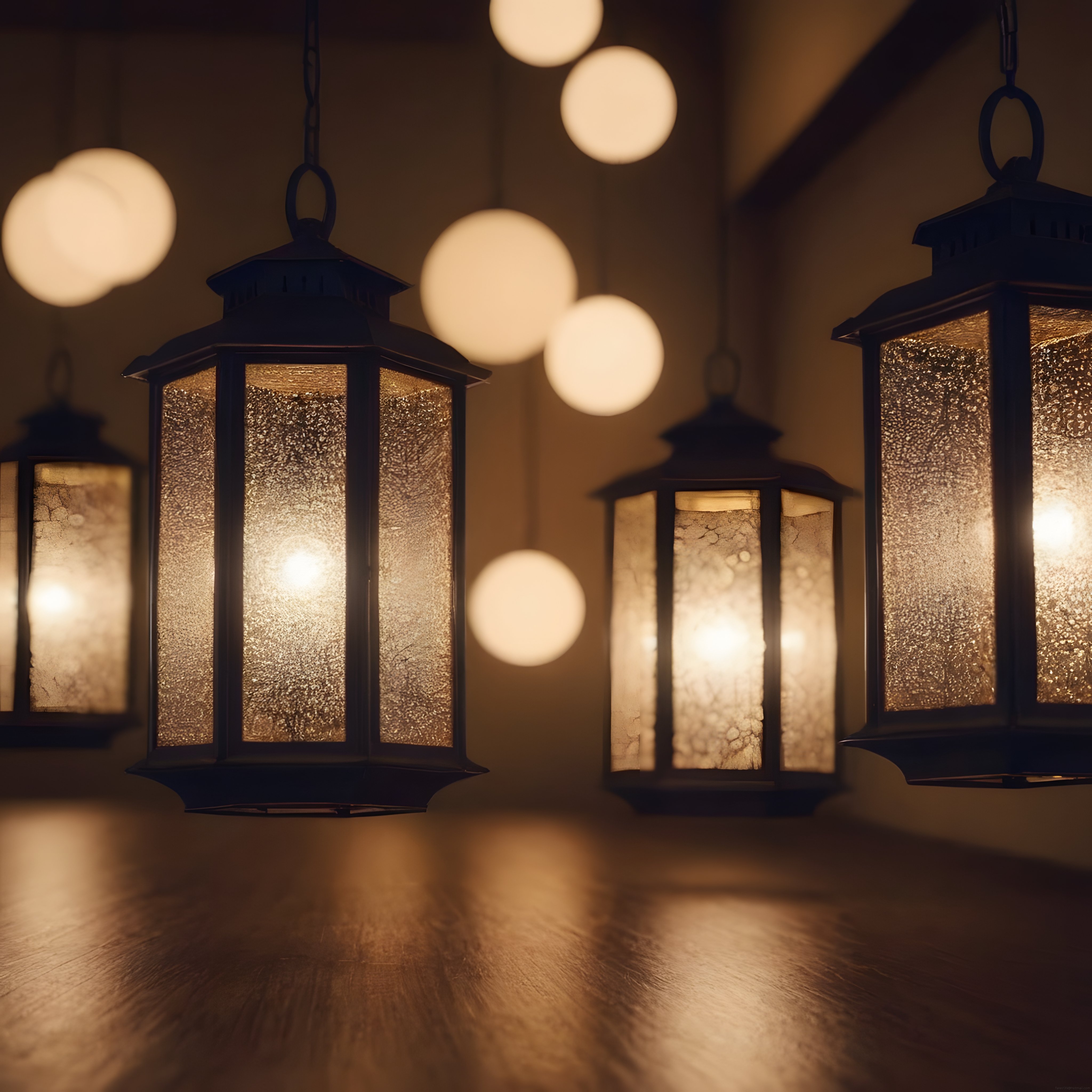 Rustik Dekorasyonda Sıcak Işıklı Tavan Fenerleri ve Bokeh Etkisi