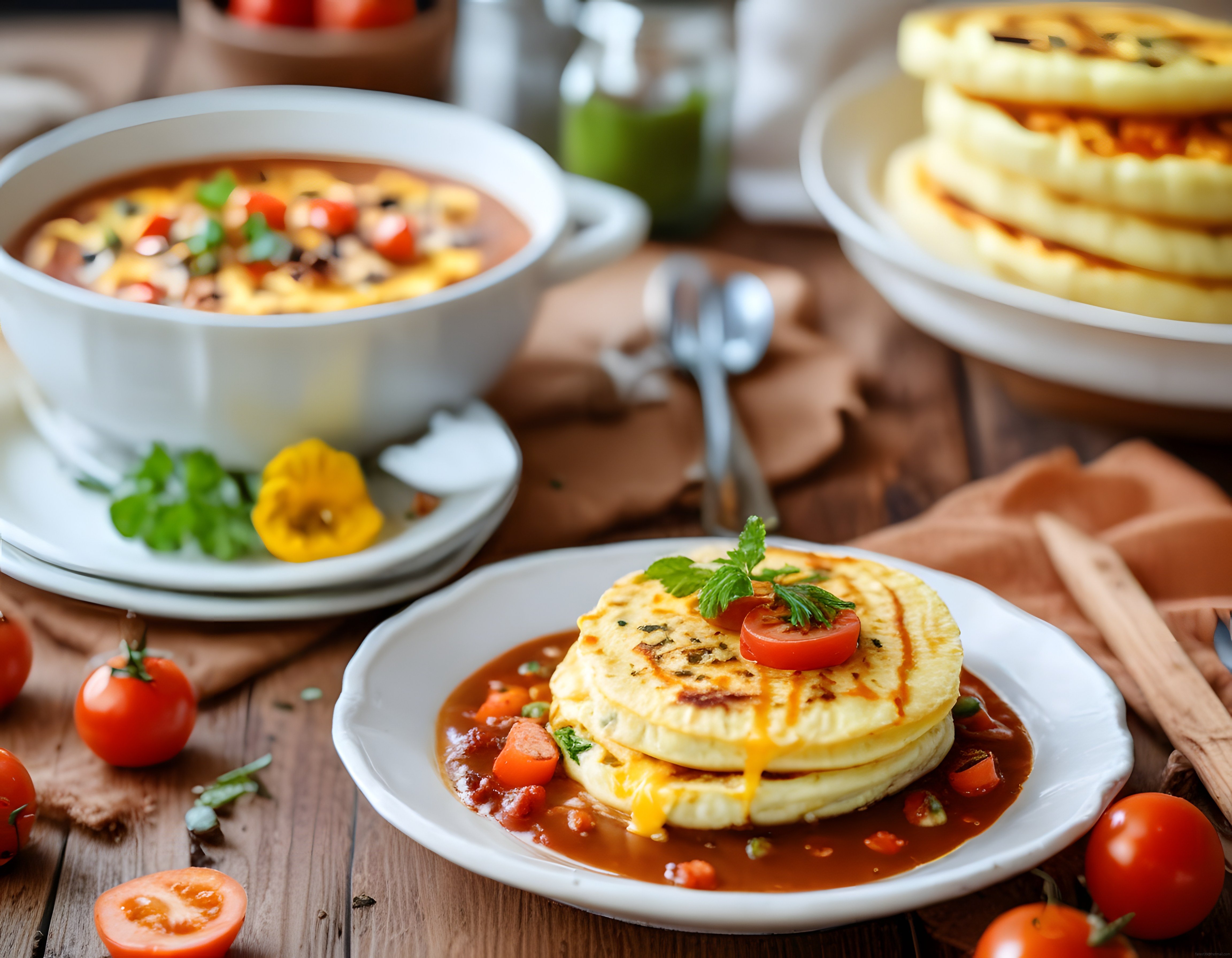 Rustik kahvaltı masasında domates soslu peynirli ızgara ekmek ve taze sebzeler