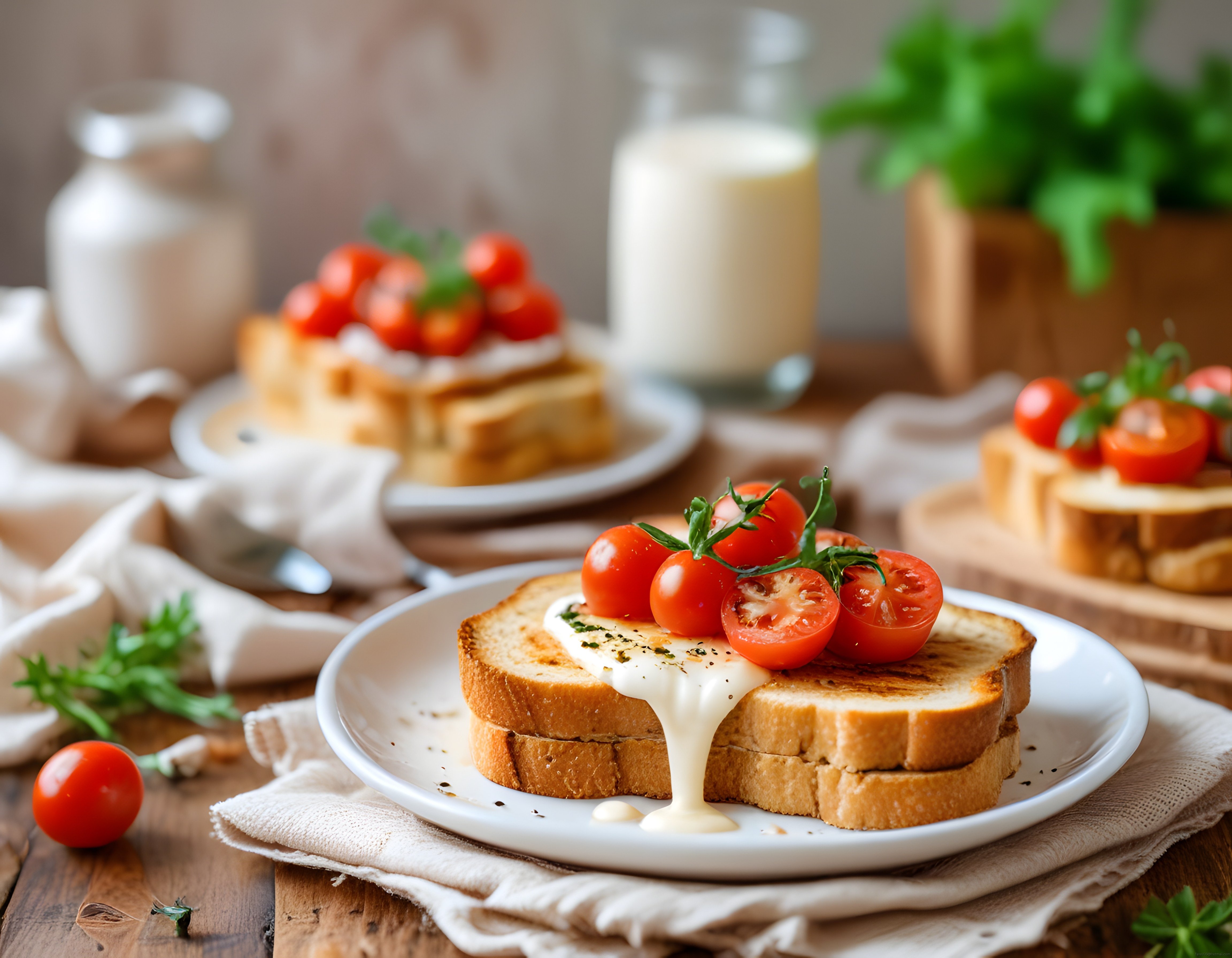 Rustik Kahvaltı Masasında Erimiş Peynirli Tost ve Taze Domates Lezzeti