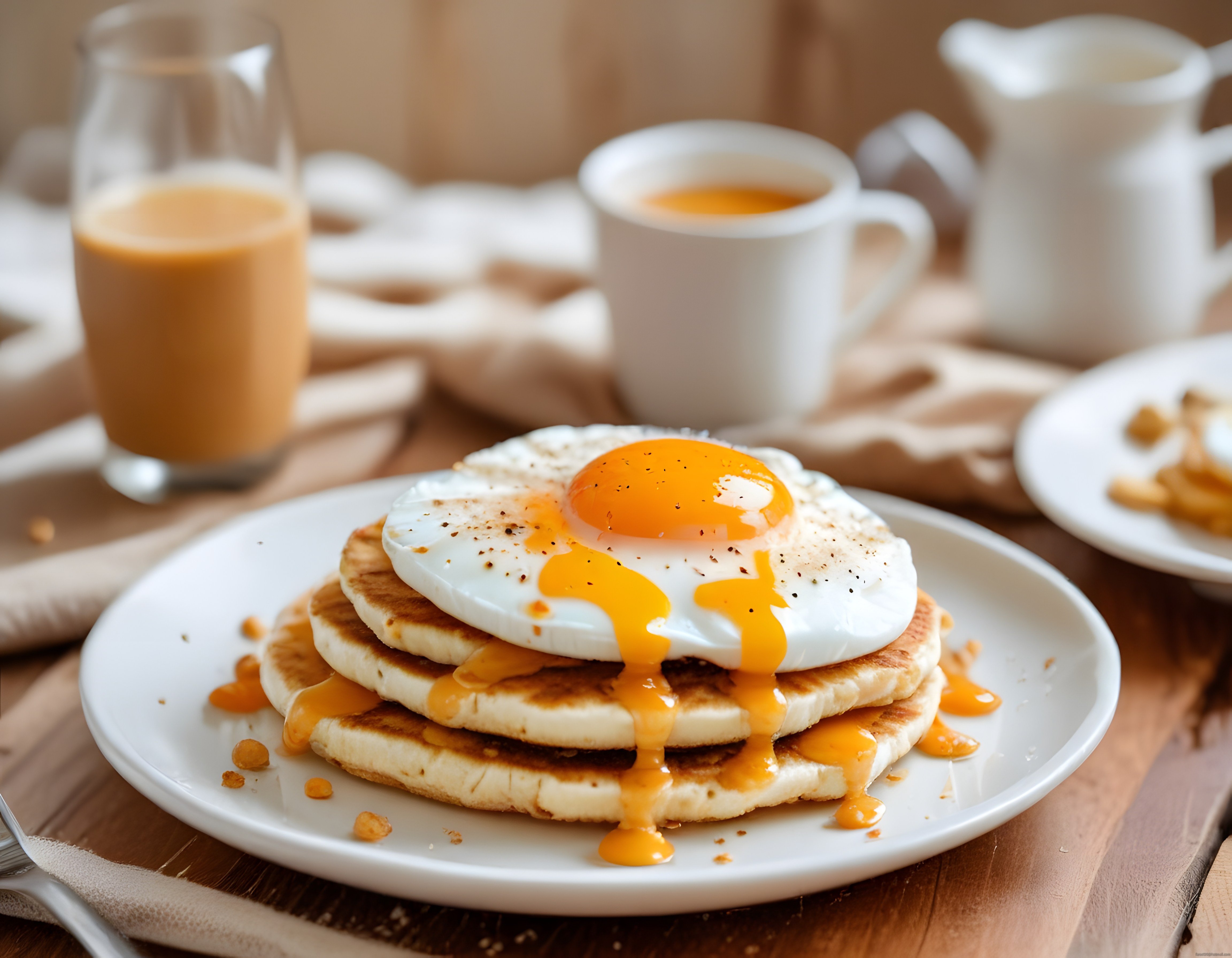 Rustik Kahvaltı Masasında Karamel Soslu Pankek ve Güneş Gibi Pişmiş Yumurta