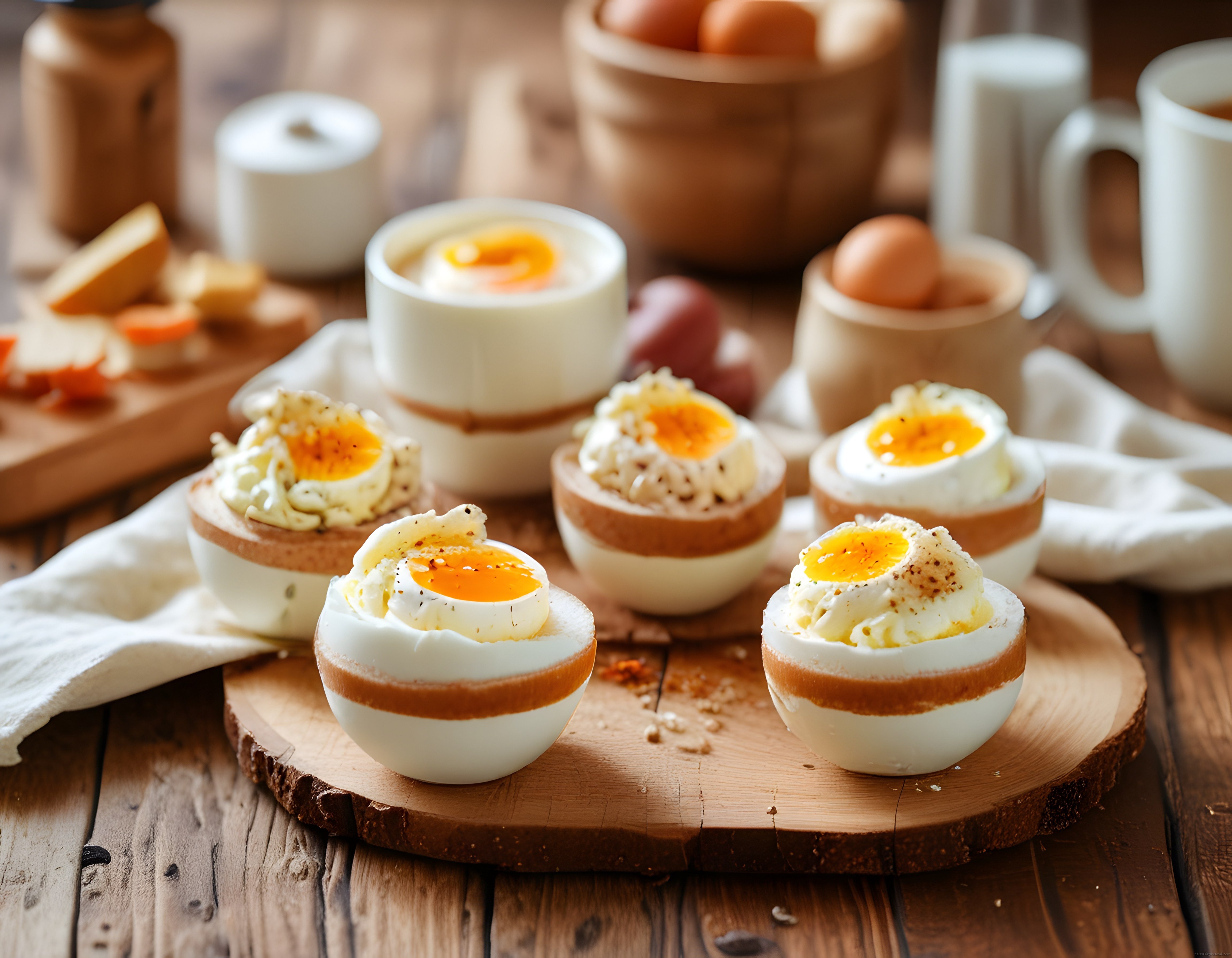 Rustik kahvaltı masasında yumurta standlı haşlanmış yumurta sunumu