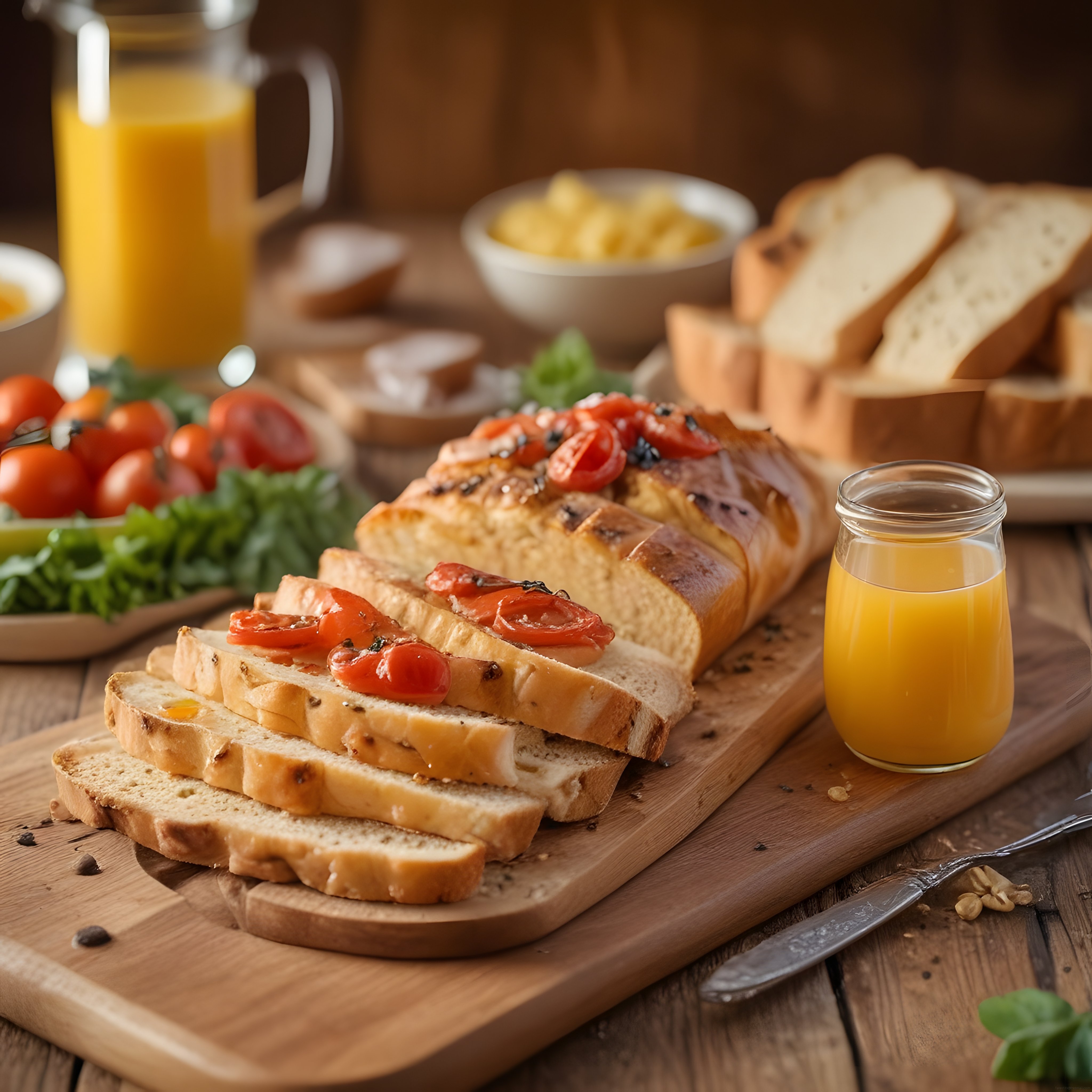 Rustik kahvaltı sofrasında domatesli ekmek ve taze sıkma portakal suyu sunumu