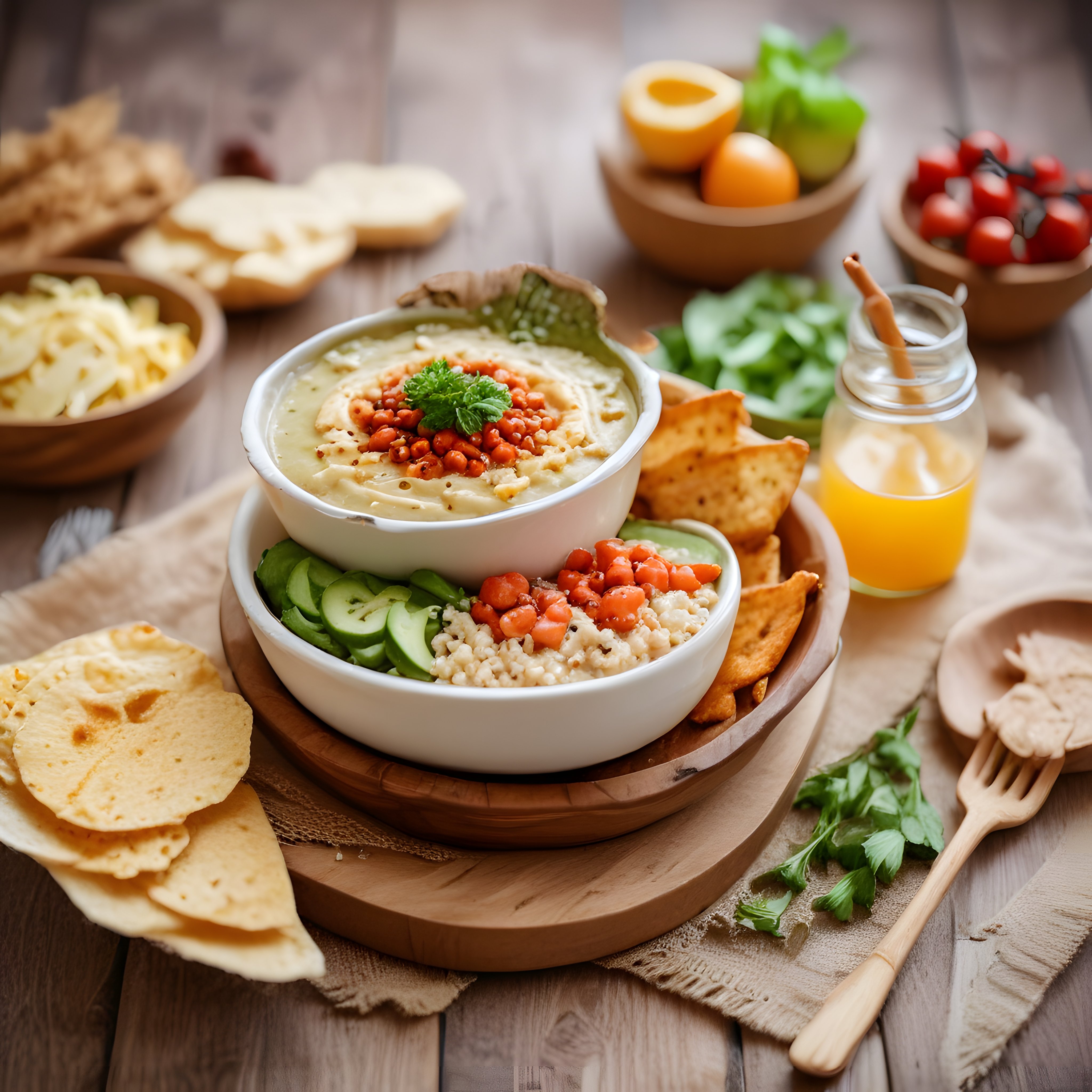 Rustik Kahvaltı Sunumu: Humus, Taze Sebzeler ve Ev Yapımı Cips Tabağı
