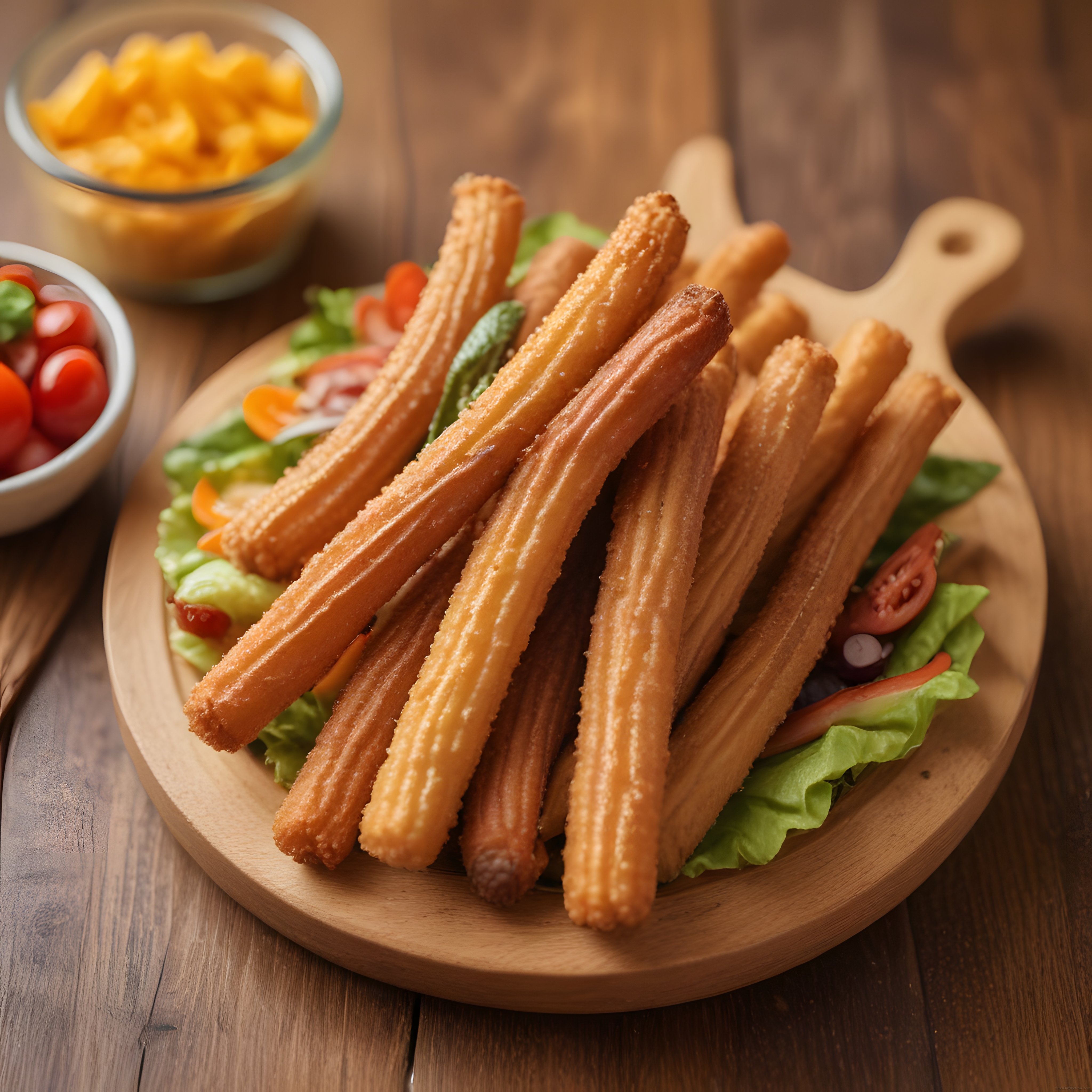 Rustik Masa Üzerinde Ahşap Tabakta Çıtır Churros ve Taze Salata Garnitürü