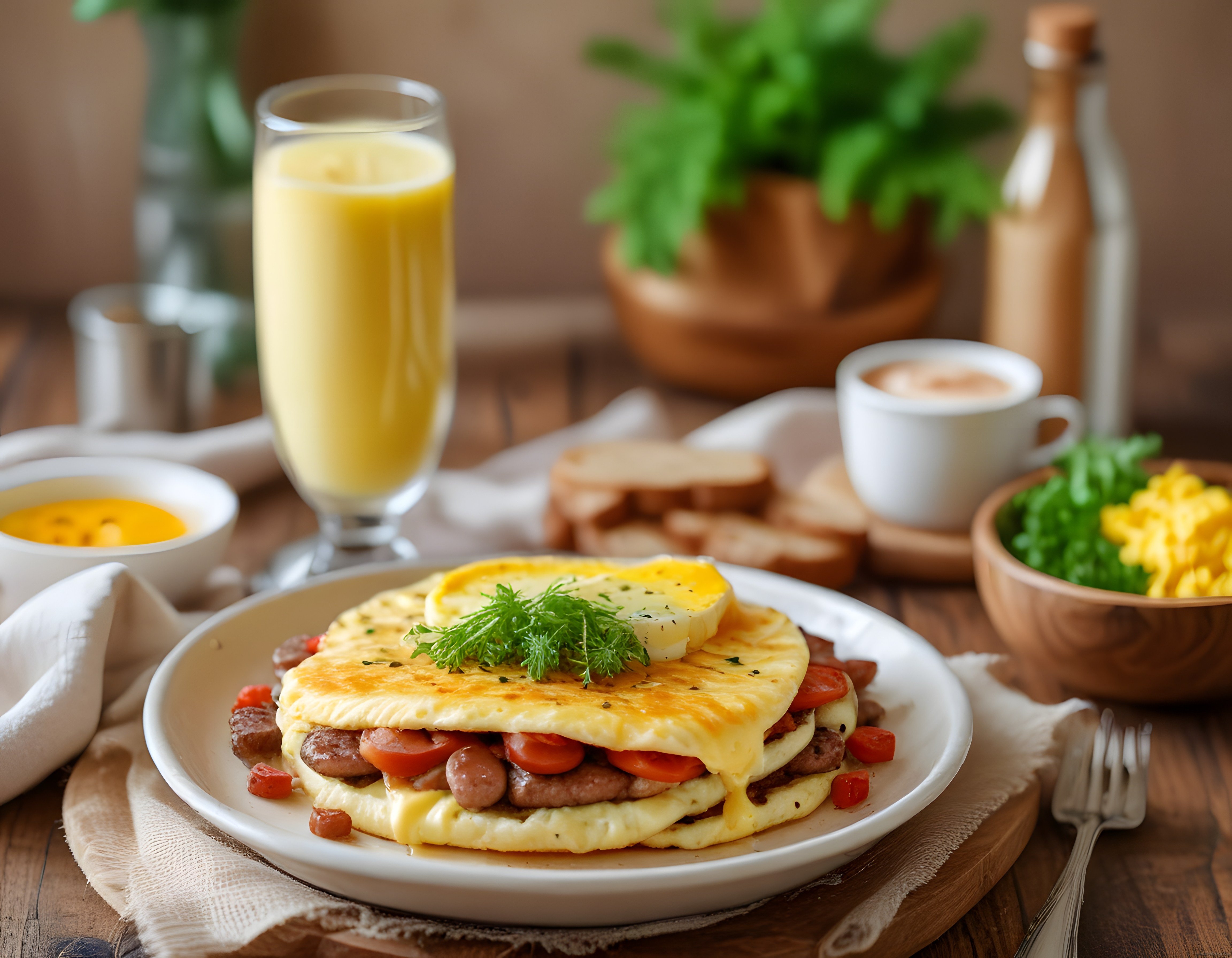 Rustik Masa Üzerinde Nefis Kahvaltı Tabağı: Omlet, Sucuk ve Portakal Suyu