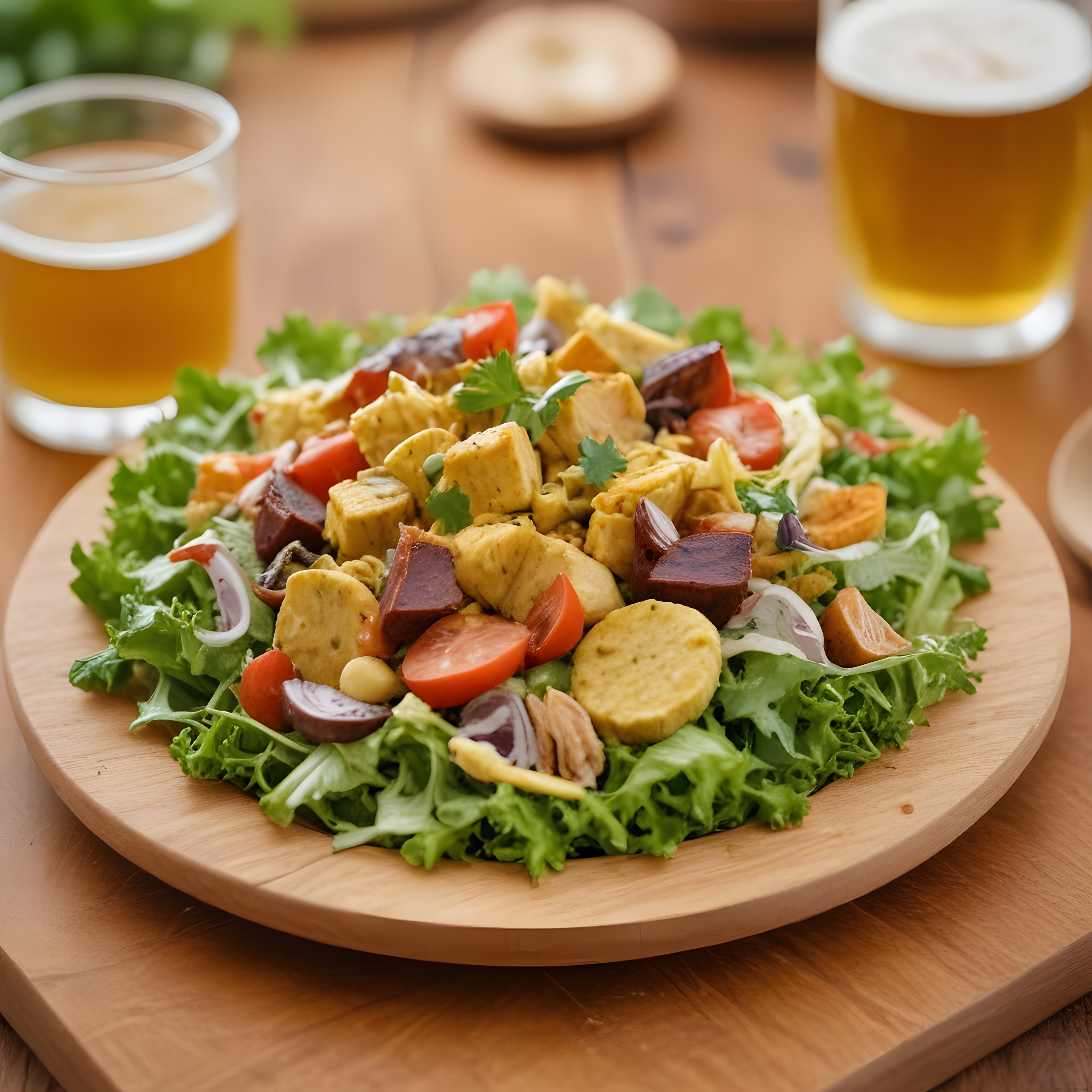 Rustik Masa Üzerinde Özenle Hazırlanmış Tavuklu Salata ve Soğuk İçecek