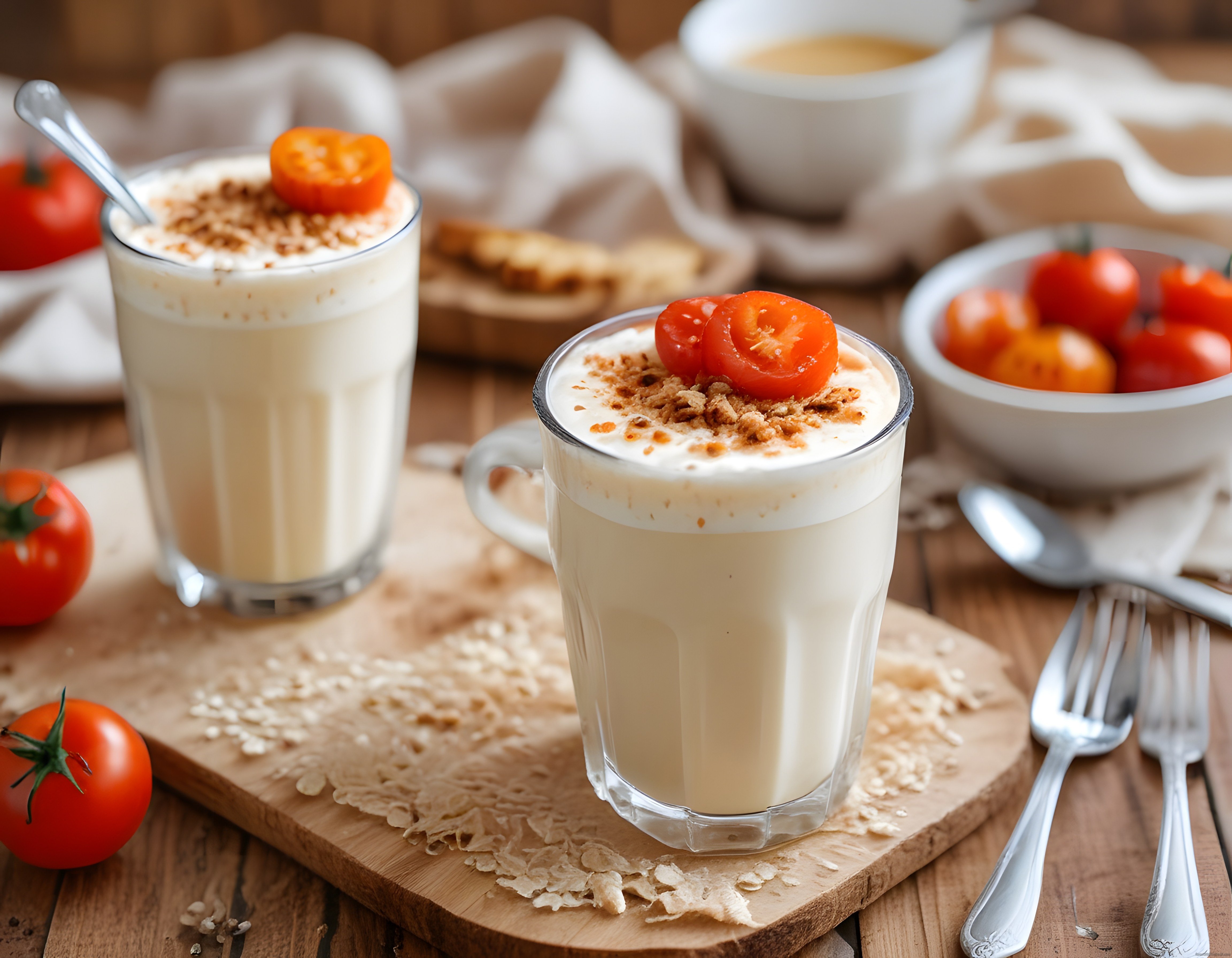 Rustik Masa Üzerinde Soğuk Ayran Aşı ve Kahvaltılık Yoğurtlu İçecek Sunumu