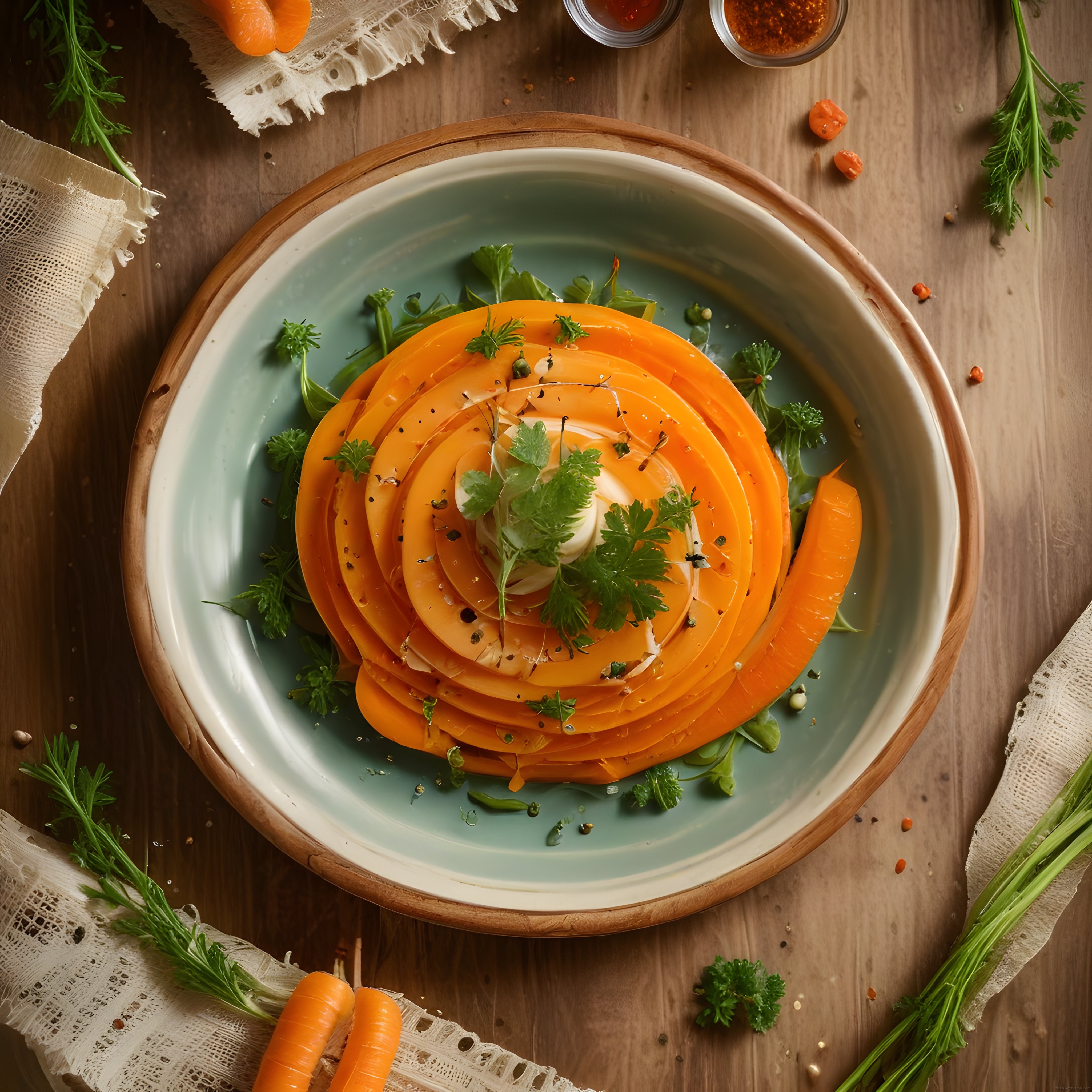 Rustik Masa Üzerinde Spiral Havuç Dilimleriyle Şık Salata Sunumu ve Baharatlar