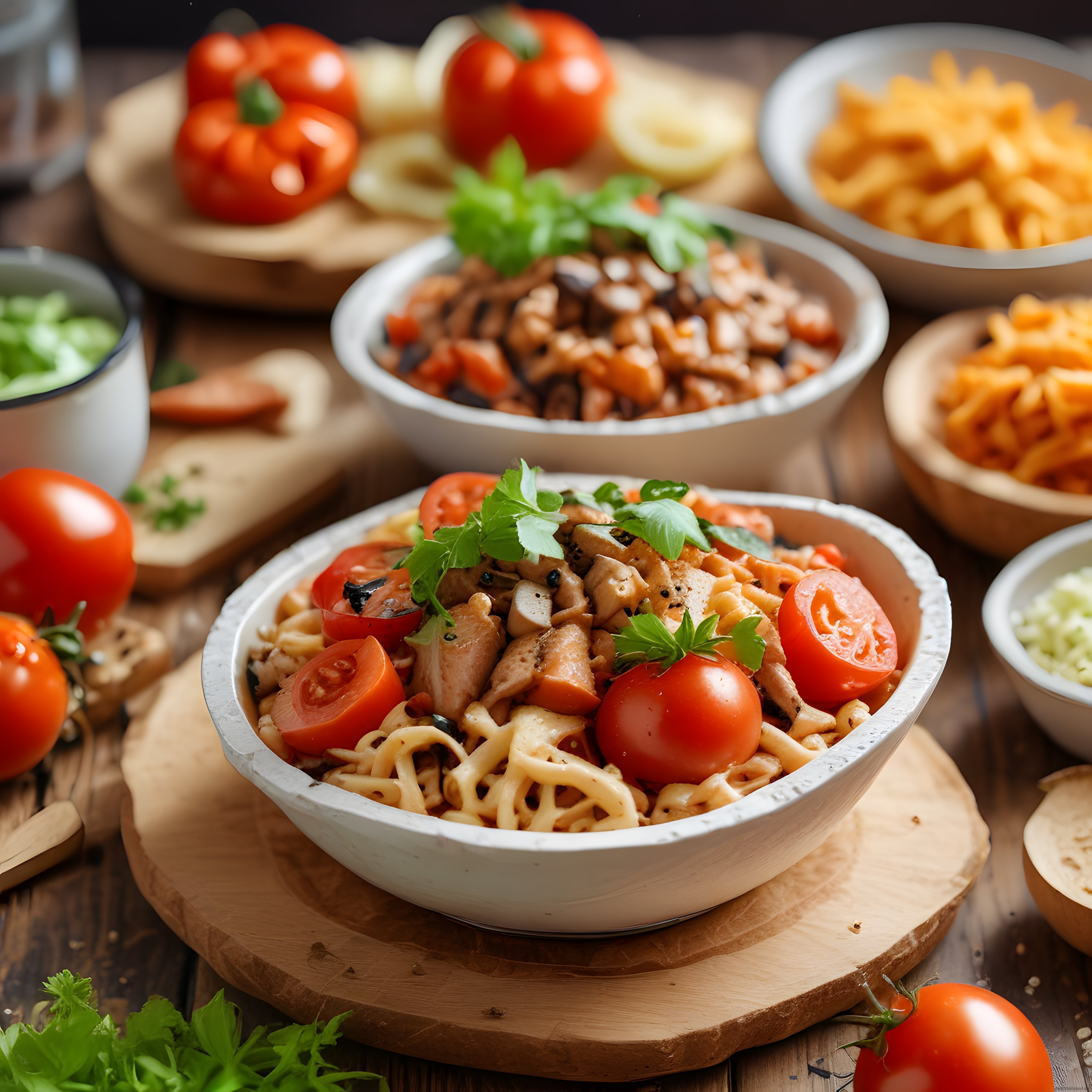 Rustik Masa Üzerinde Tavuklu Sebzeli Noodle Bowl ve Yan Lezzetler