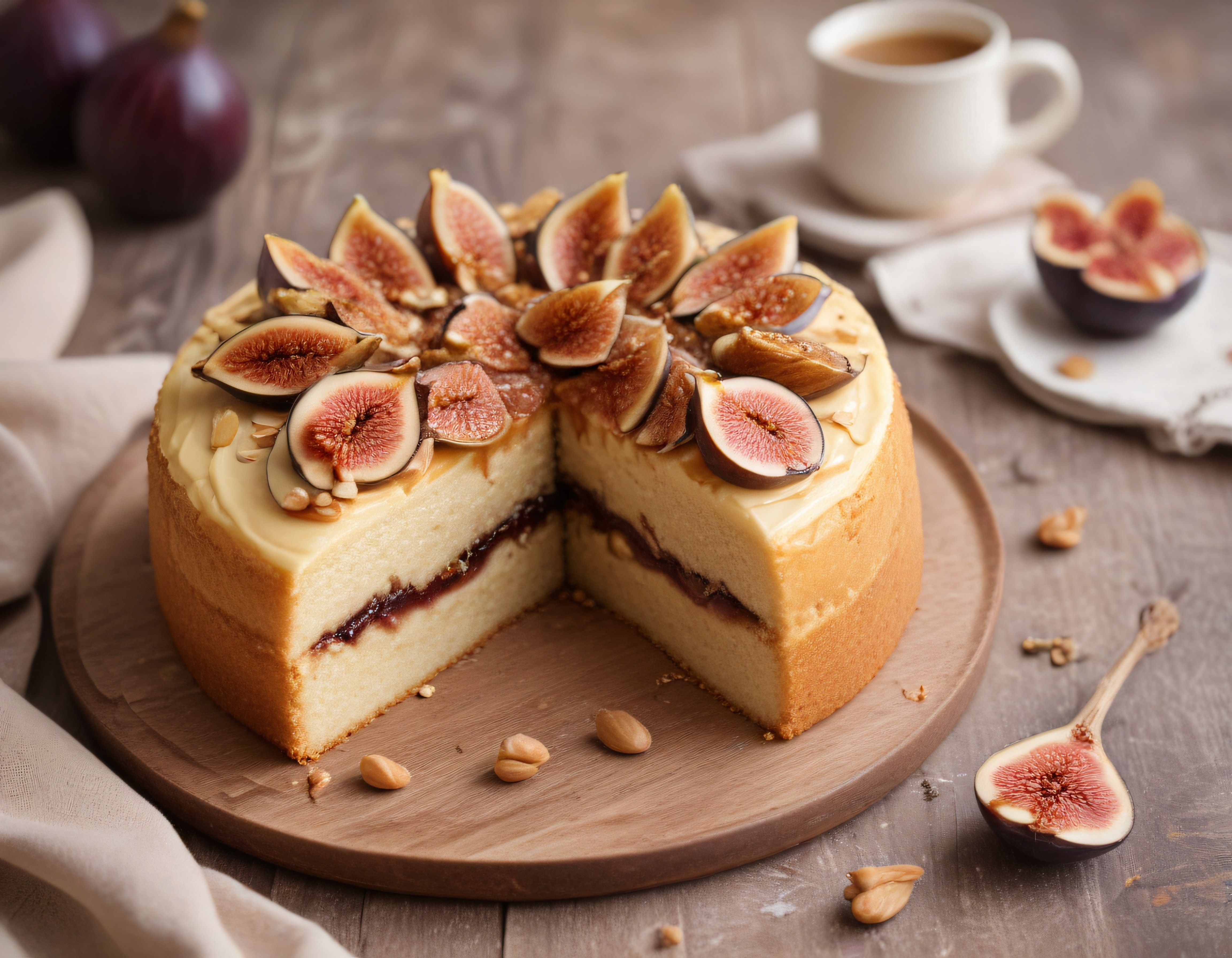 Rustik Masa Üzerinde Taze İncirli ve Karamelli Cheesecake Sunumu