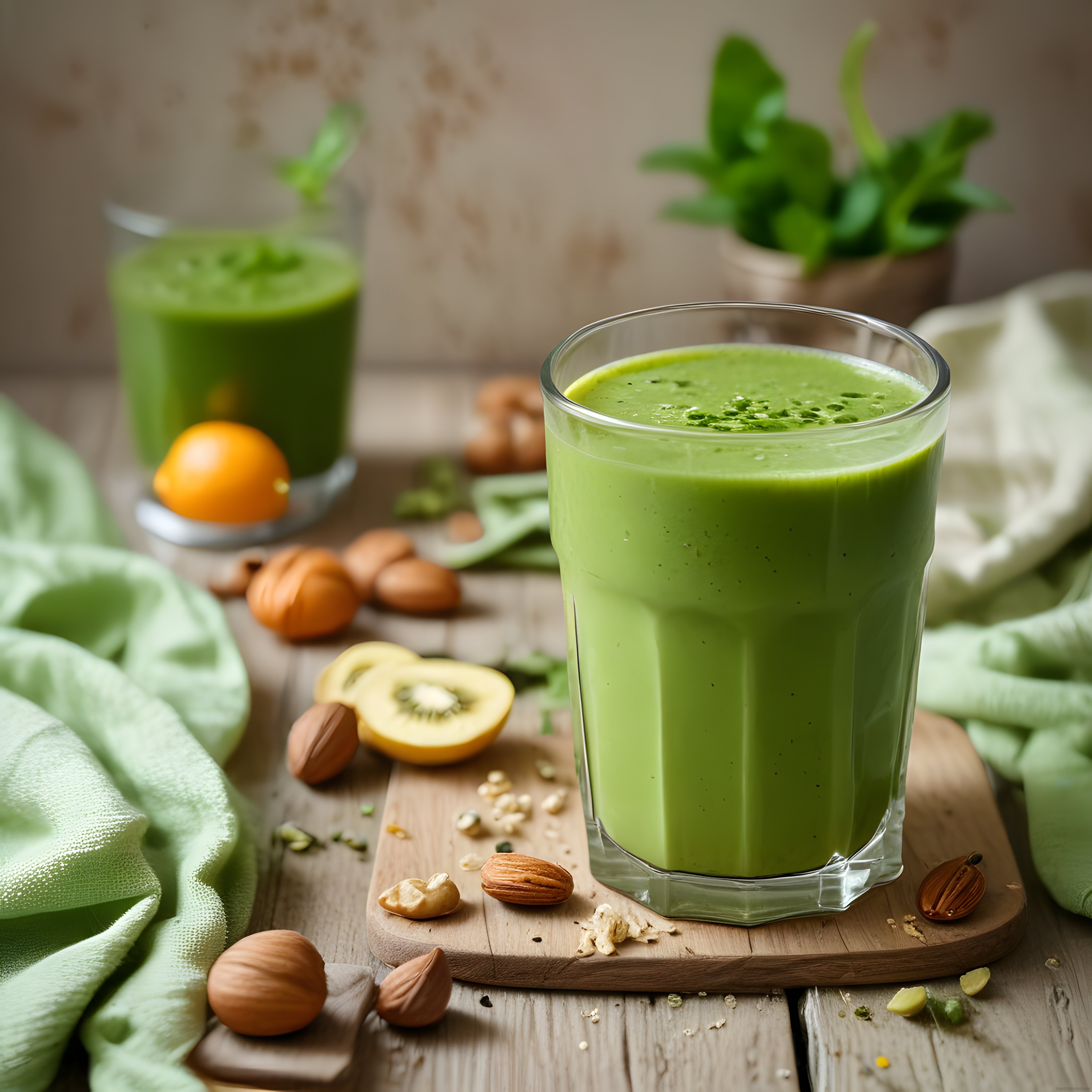 Rustik masada ahşap tahta üzerinde berrak camda yeşil smoothie ve kuru yemişler Rustik masada ahşap tahta üzerinde berrak camda yeşil smoothie ve kuru yemişler