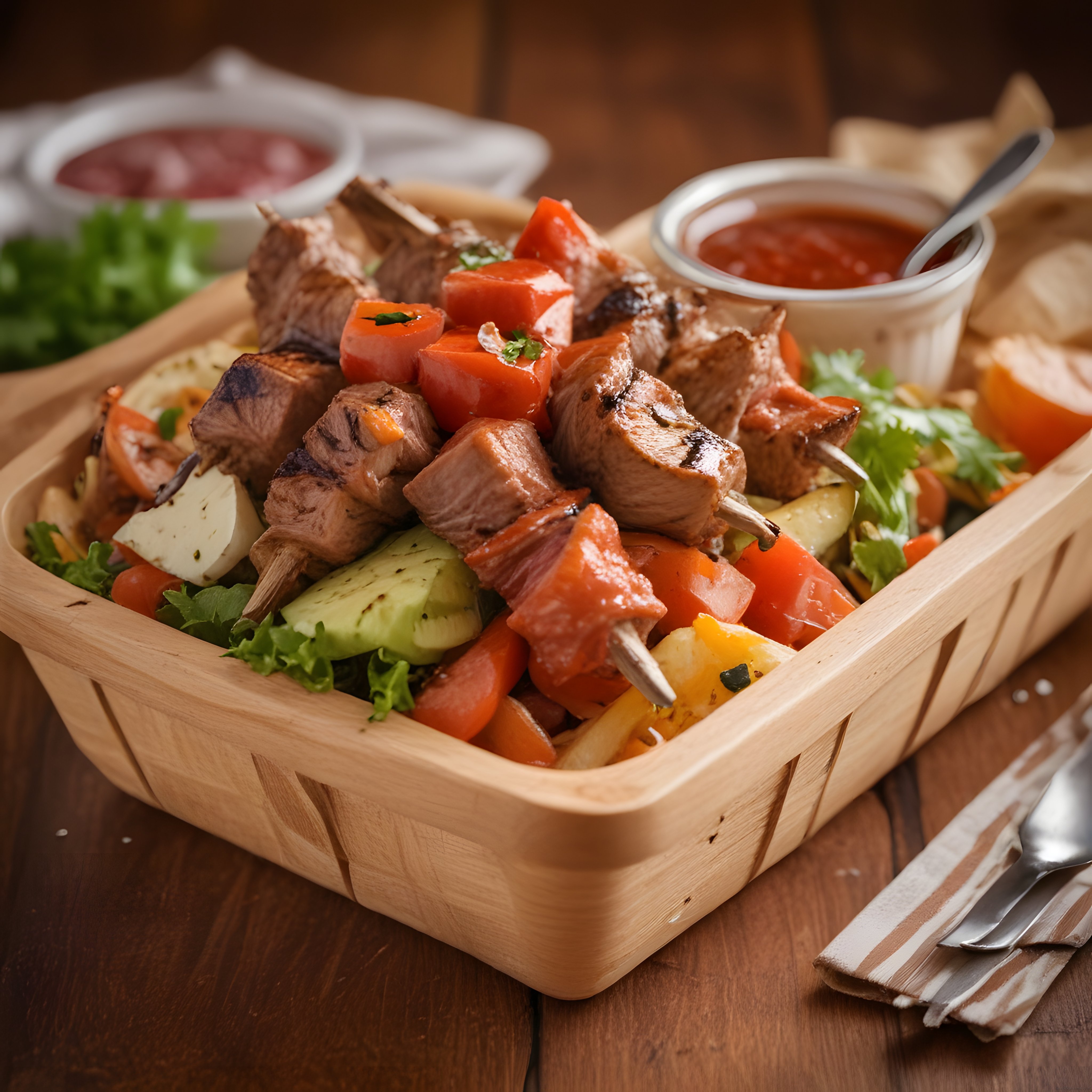 Rustik Masada Ahşap Tepsi İçinde Soslu Şiş Kebap ve Sebze Keyfi