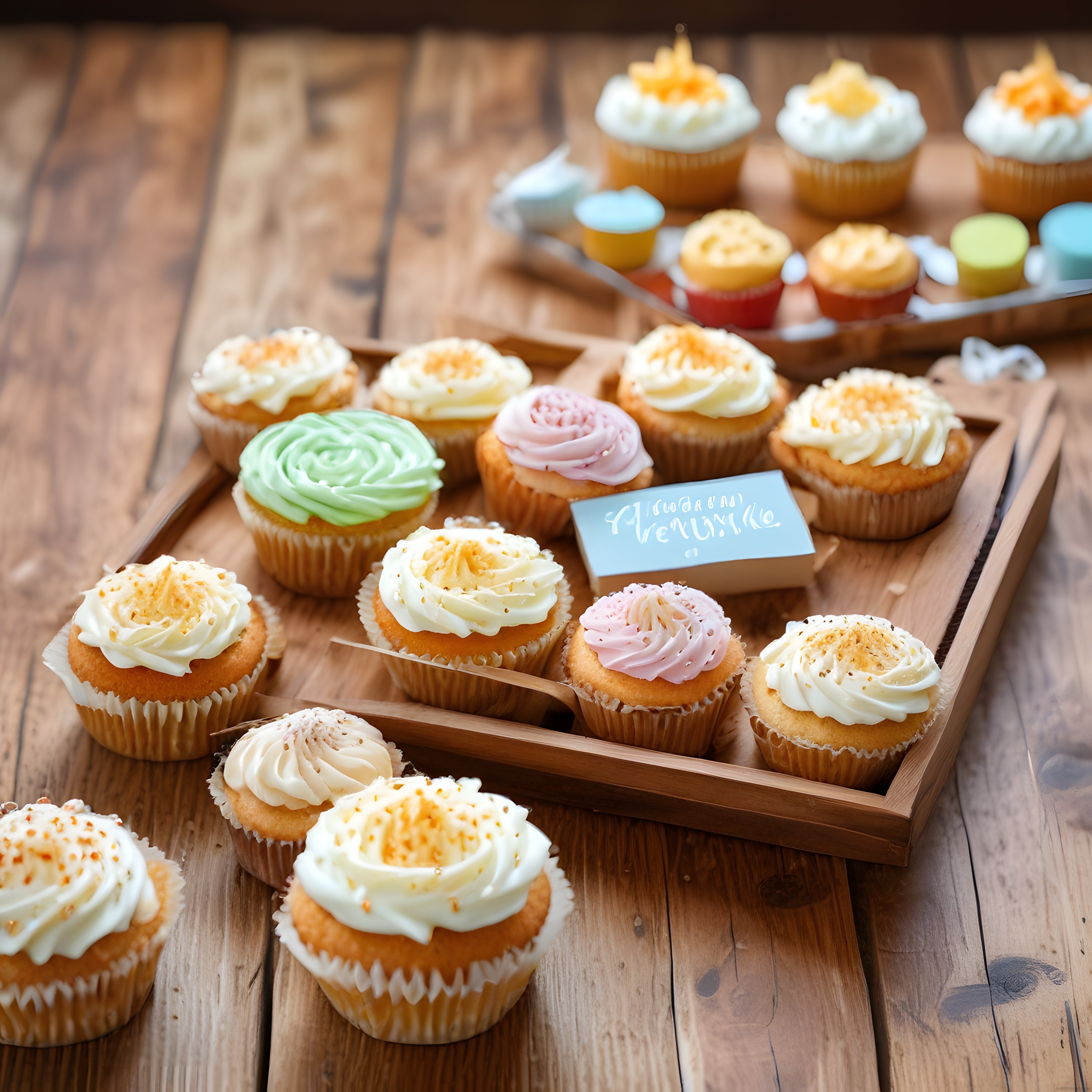 Rustik Masada Ahşap Tepsi Üzerinde Renkli Kremalı Cupcake Sunumu
