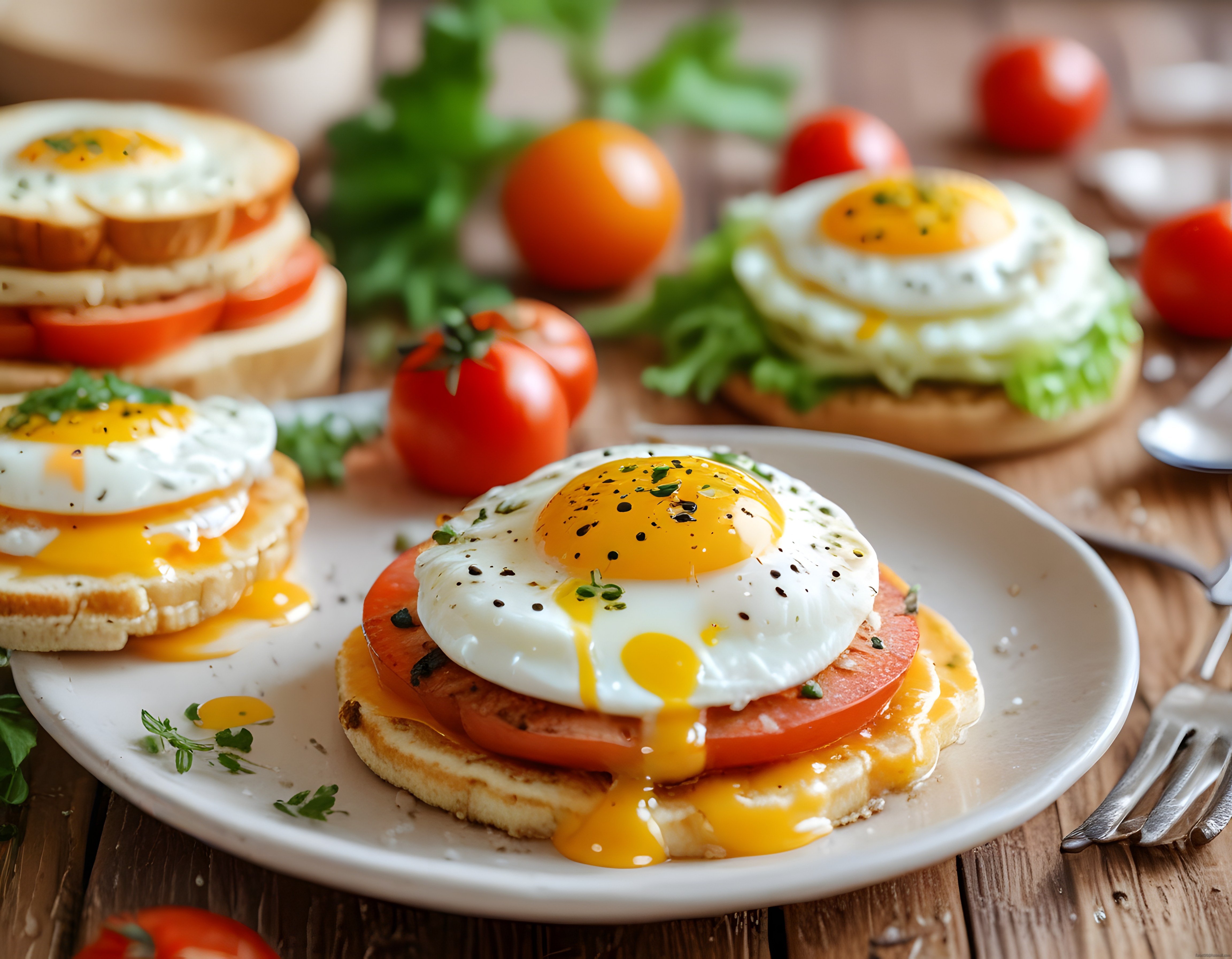 Rustik Masada Domates ve Akışkan Yumurtalı Kahvaltılık Ekmek Tabağı