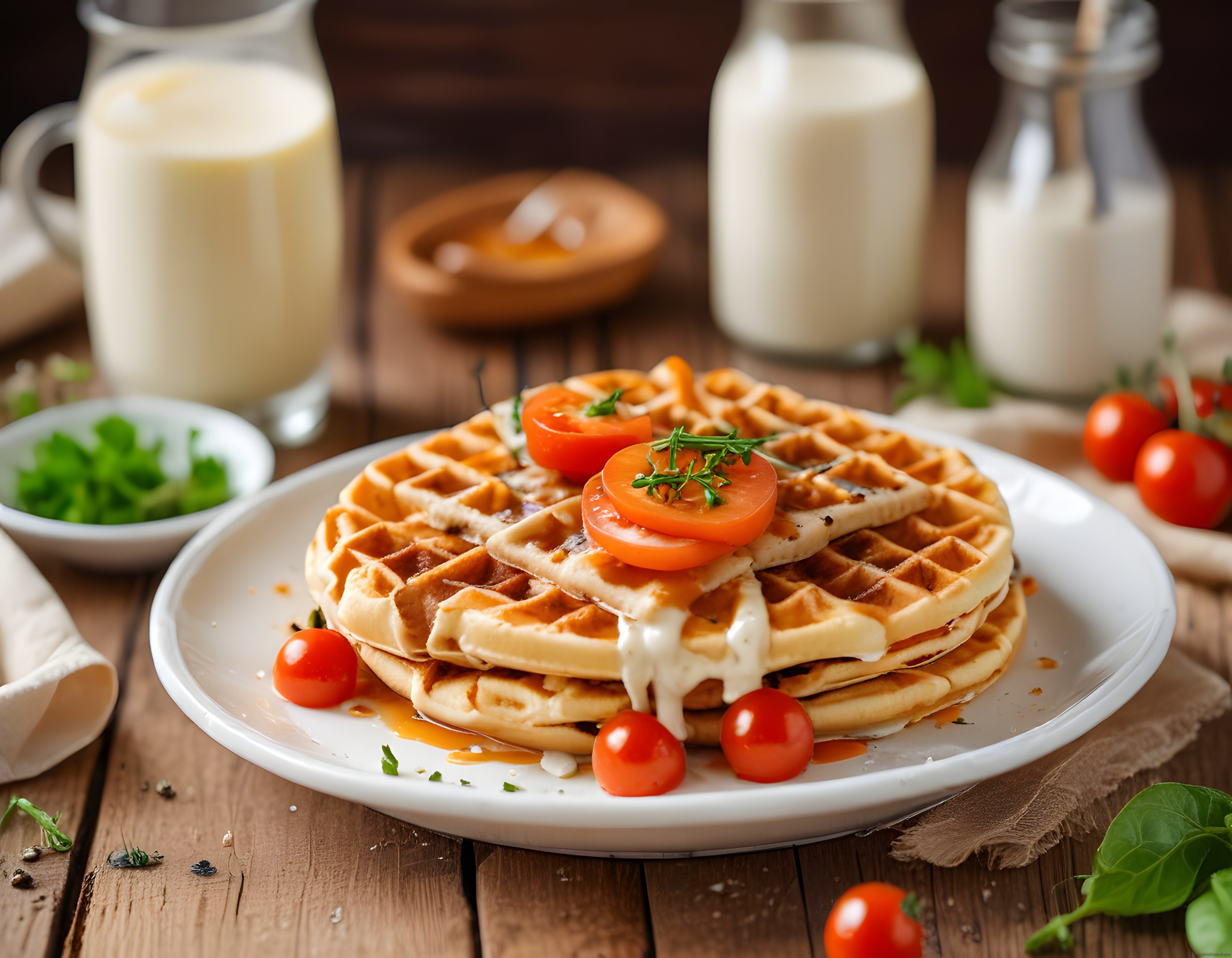 Rustik Masada Domates ve Peynir Soslu Kahvaltılık Waffle Tabağı