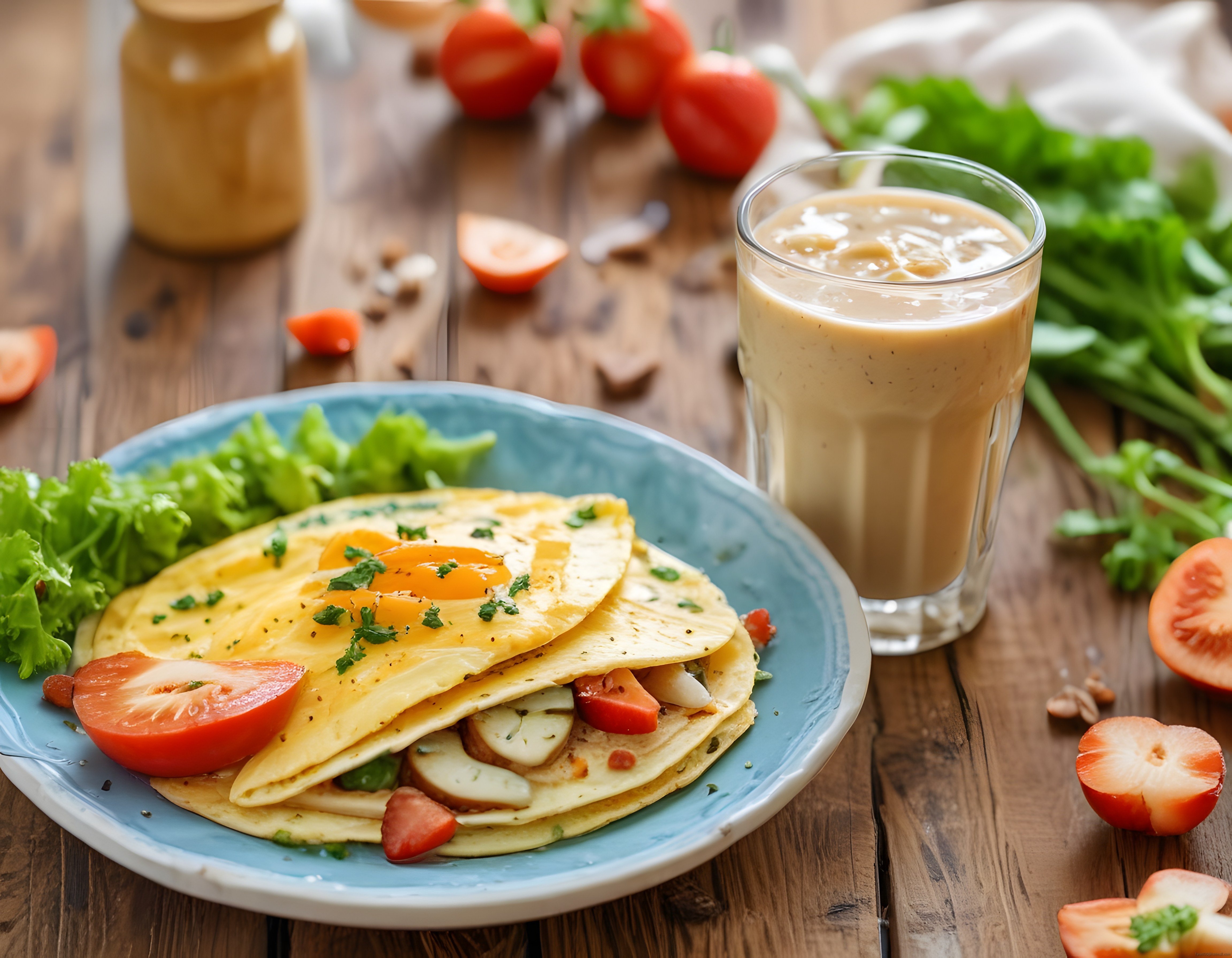 Rustik Masada Domatesli Omlet ve Smoothie ile Sağlıklı Kahvaltı Keyfi
