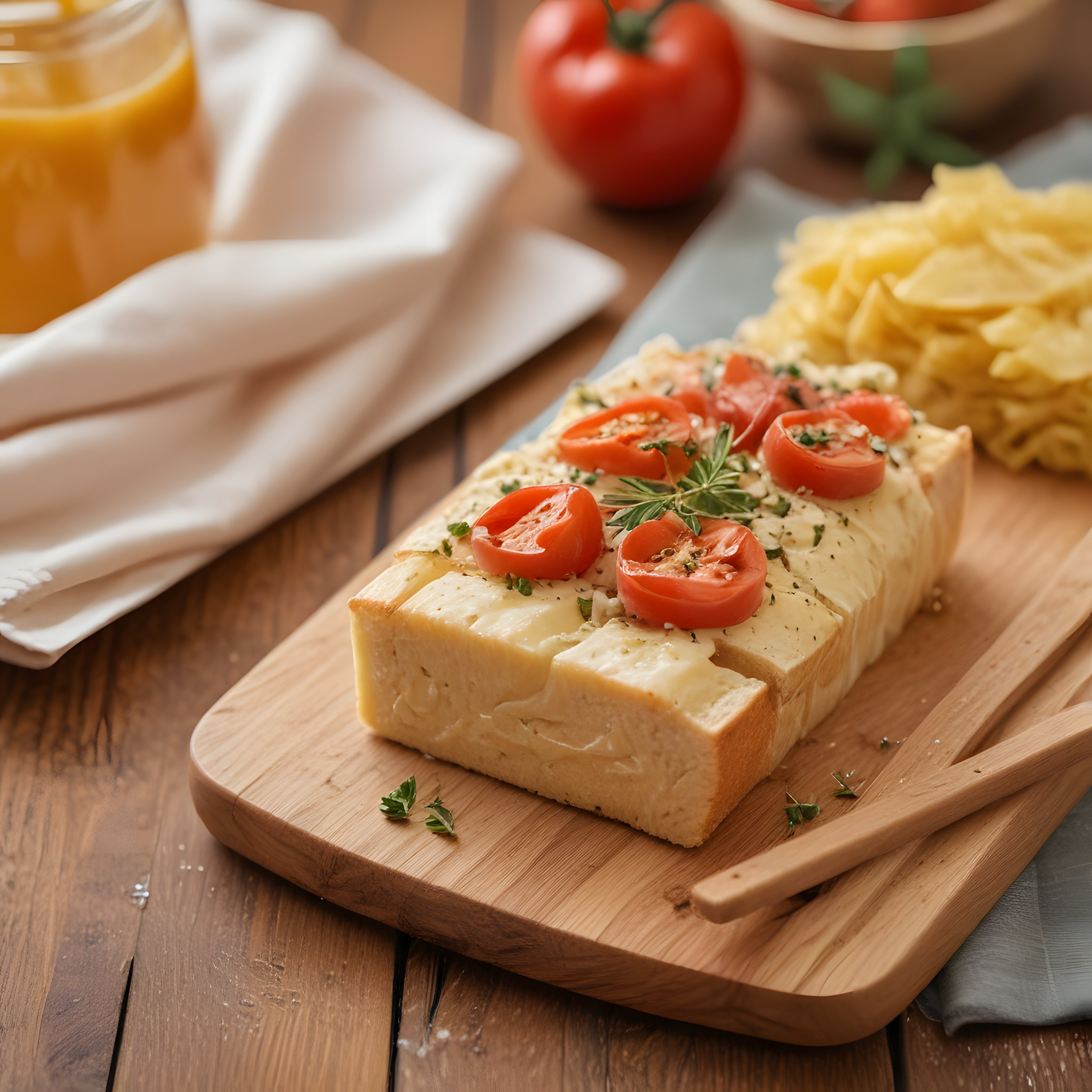 Rustik masada domatesli peynirli tart, cips ve portakal suyu ile kahvaltı sunumu