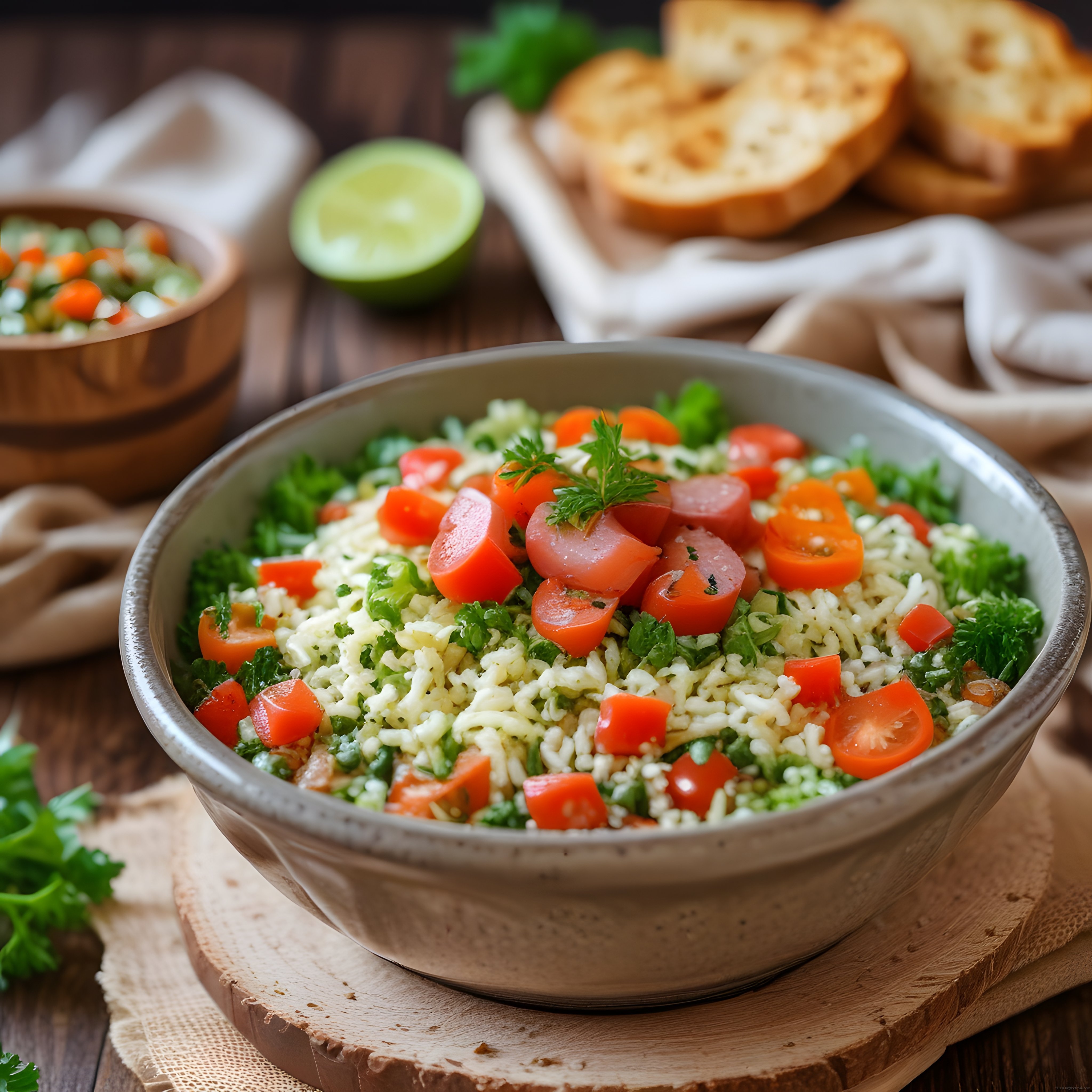 Rustik Masada Domatesli Yeşillikli Pirinç Salatası ve Kızarmış Ekmek