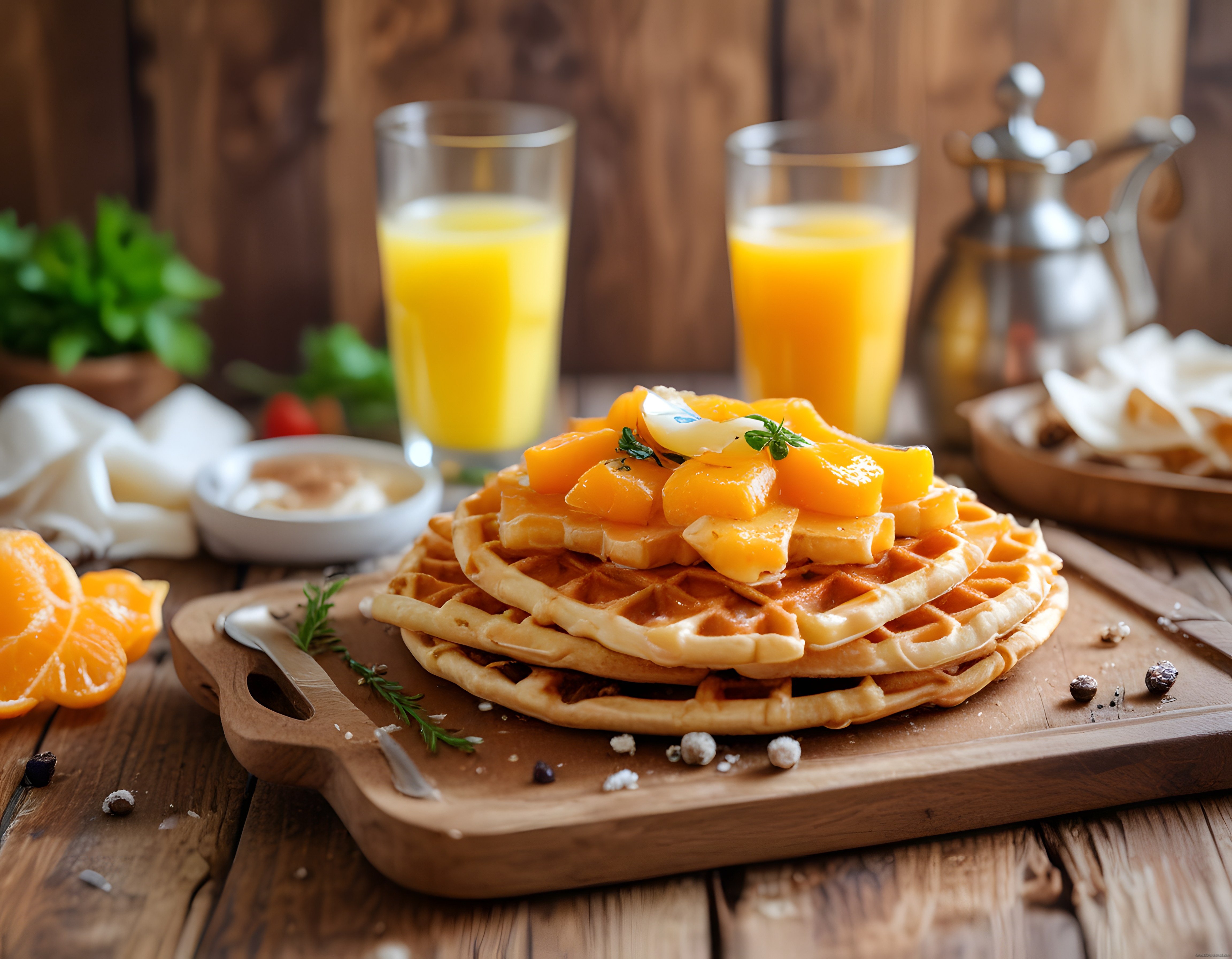 Rustik masada ev yapımı waffle kulesi, taze meyve ve portakal suyu ile kahvaltı