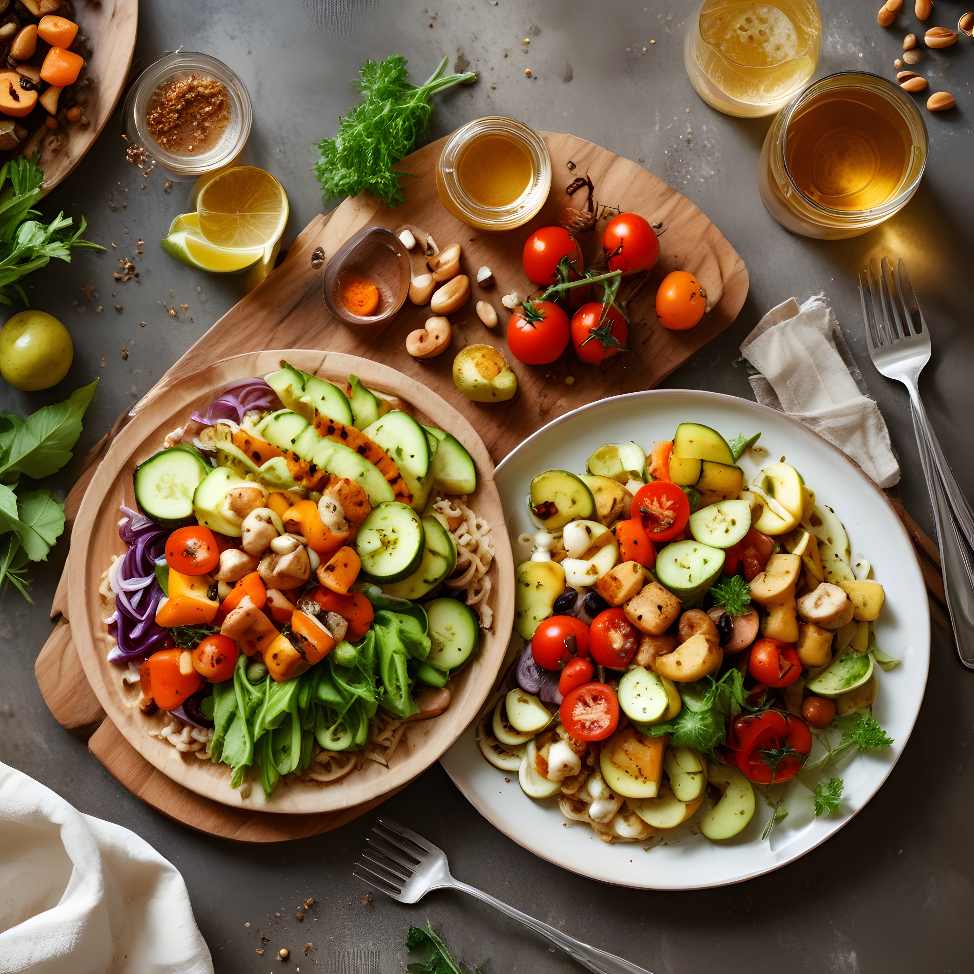 Rustik Masada İki Farklı Kasede Taze Sebzeli Vegan Salata ve Doğal Soslar