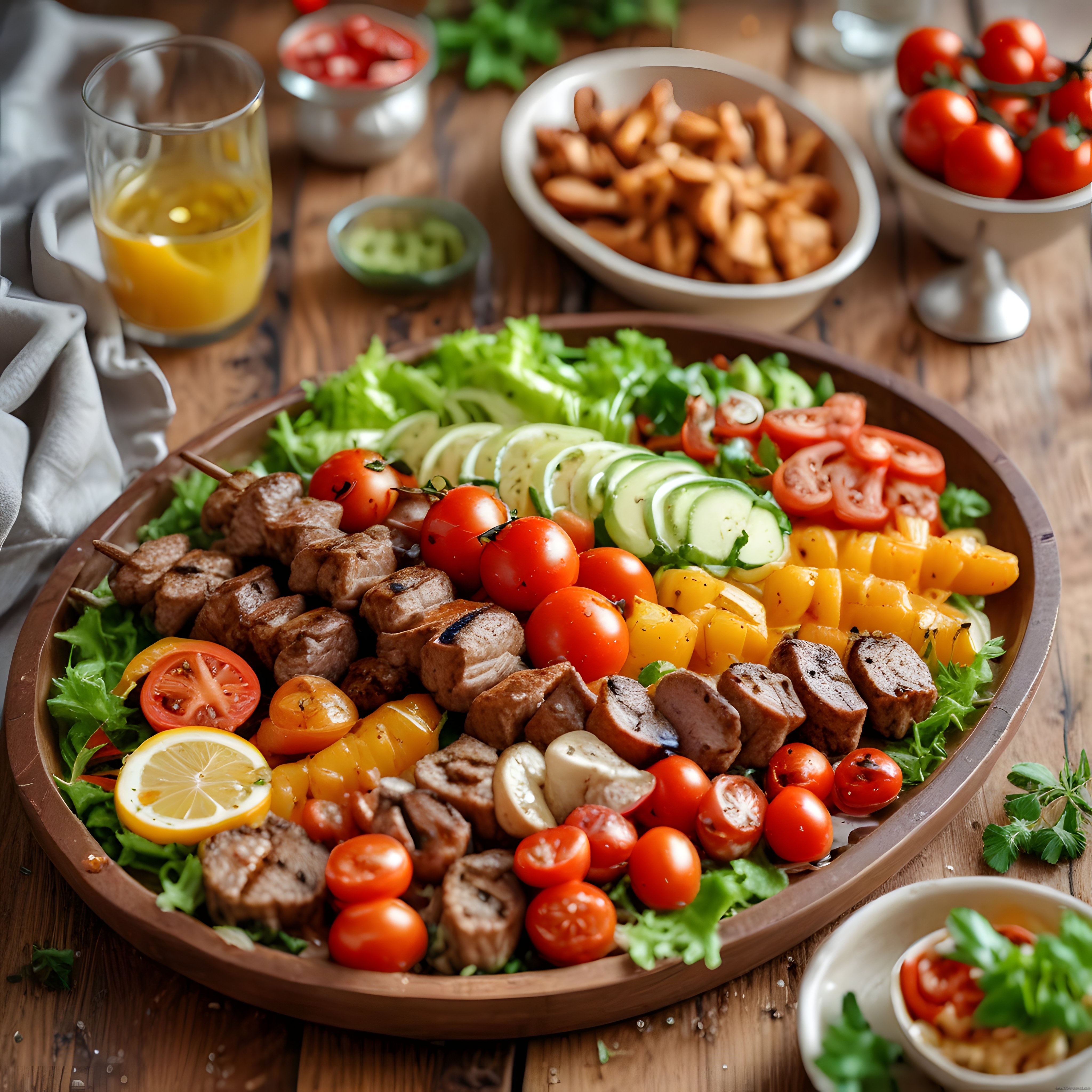 Rustik Masada Izgara Et Şiş, Renkli Sebzeler ve Limon Soslu Nefis Sunum