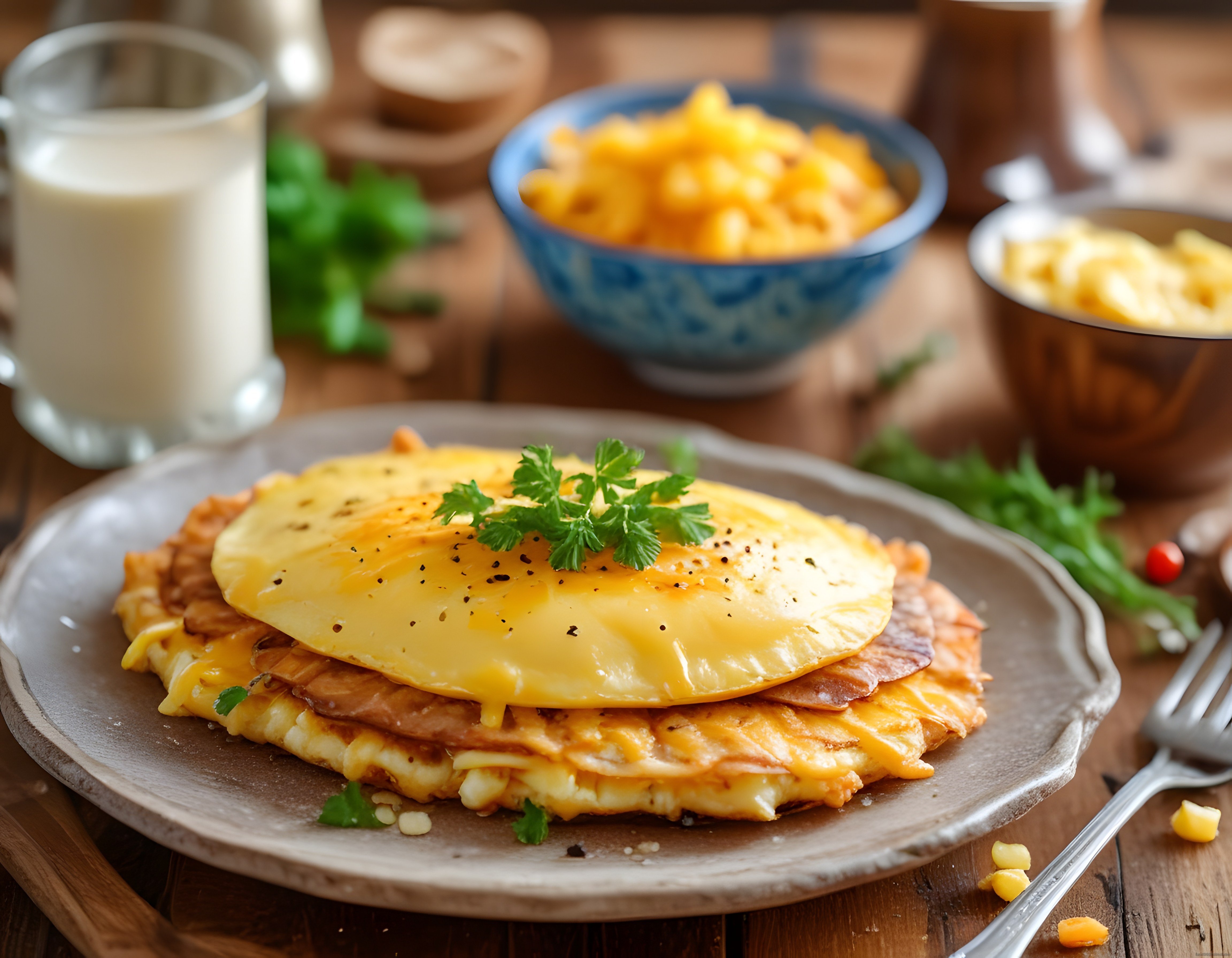 Rustik masada kahvaltı keyfi: Peynirli omlet ve jambon ile lezzetli başlangıç